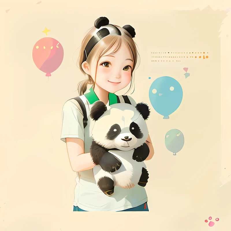 A girl holds a cute panda，The panda head held was very round and stuck out its tongue，Two ball heads，grin face