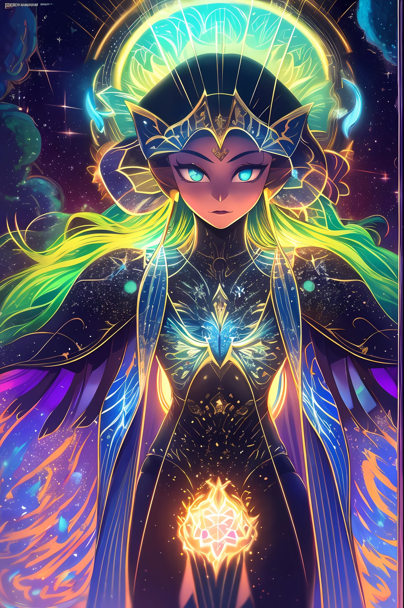 ((best quality)), ((masterpiece)), ((realistic)), portrait, 1girl, celestial, deity, goddess, light particles, halo, looking at viewer, (bioluminescent:0.95) flame, bioluminescence, phoenix, Vibrant, Colorful, Color, (Glow, Glow), (Beautiful Composition), Cinematic Lights, Intricate, (Symmetry: 0.5), Whimsical, Alien Planet