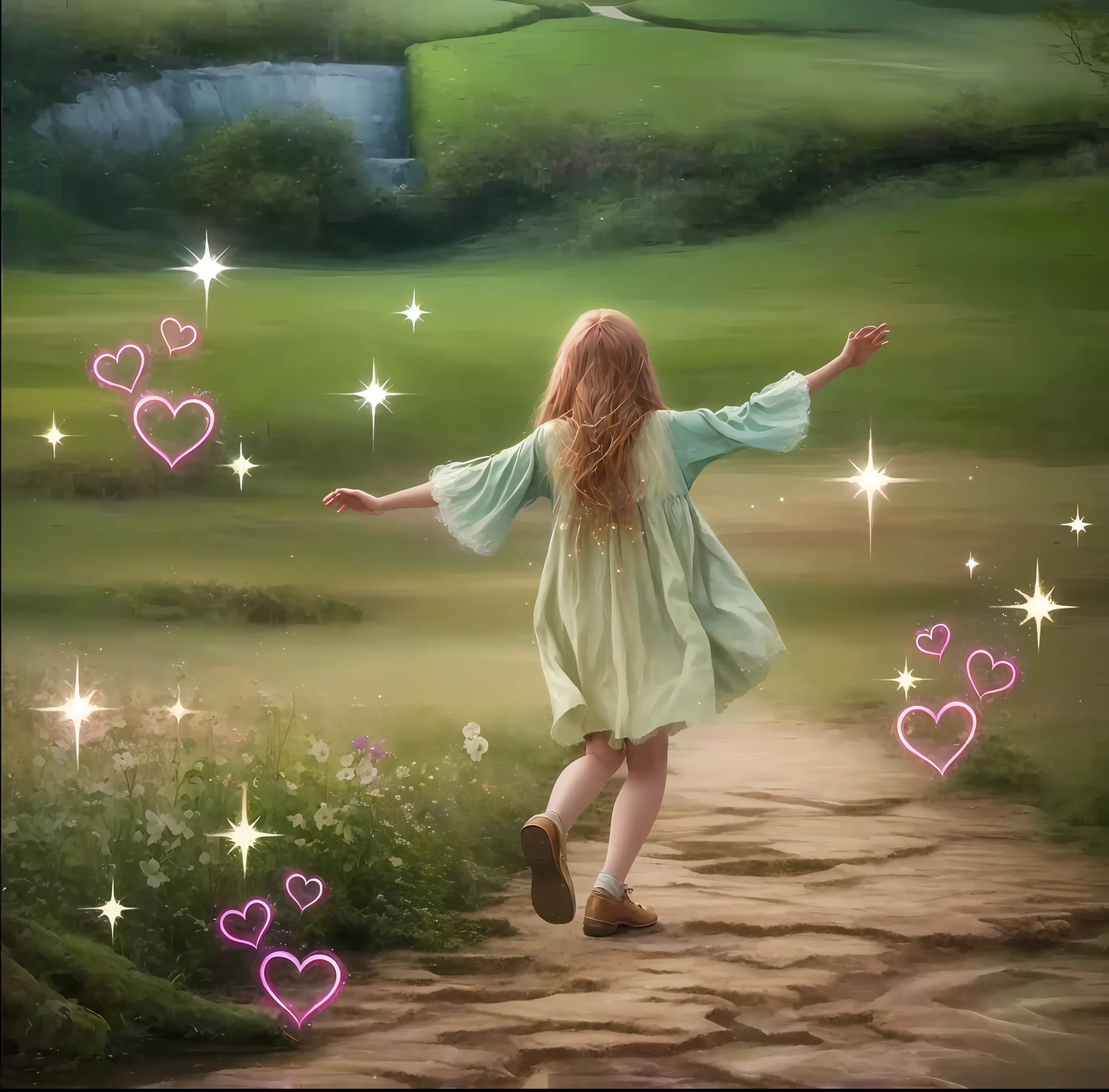 There's a girl who's walking down a path, with magical powers, corrente de amor e felicidade, girl dancing in a flower field, Poeira de fadas no ar, Perdidos em uma paisagem de fadas sonhadoras, very magical and dreamy, inspirado em Tom Chambers, Tom Chambers Fotografia, background is celestial, Directed by: Tom Chambers, !!Beautiful!!, arte sonhadora