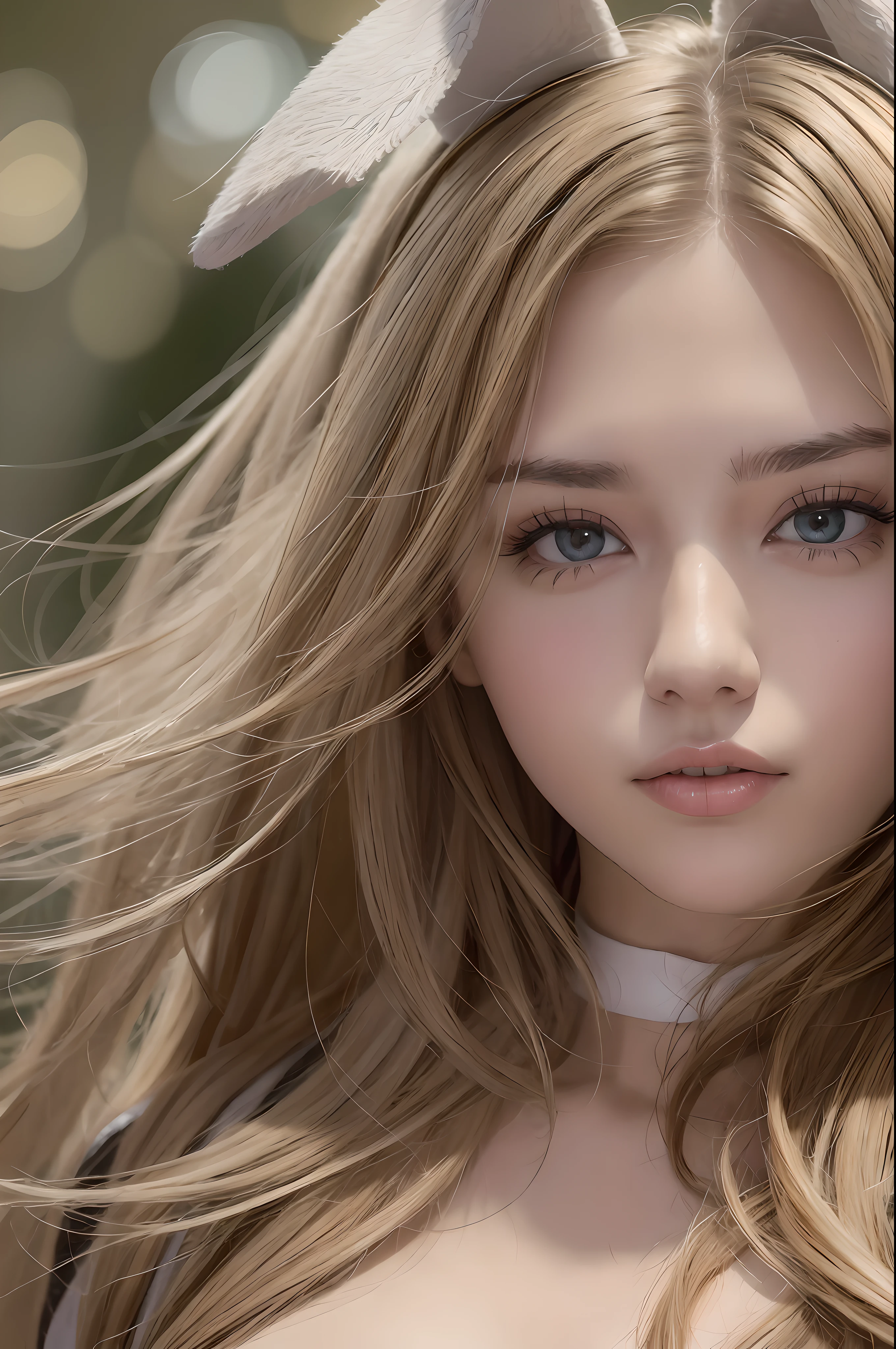 Woman in rabbit costume, real life style, (((top quality, masterpiece: 1.3)), (Russian beauty)), 1 woman, 16 years old, big: 1.3, slender body type: 1.1, toned abs, blonde semi-long hair, super detailed face, detailed lips, detailed eyes, double eyelids, smile, look right, jump, brown eyes, super wide shot