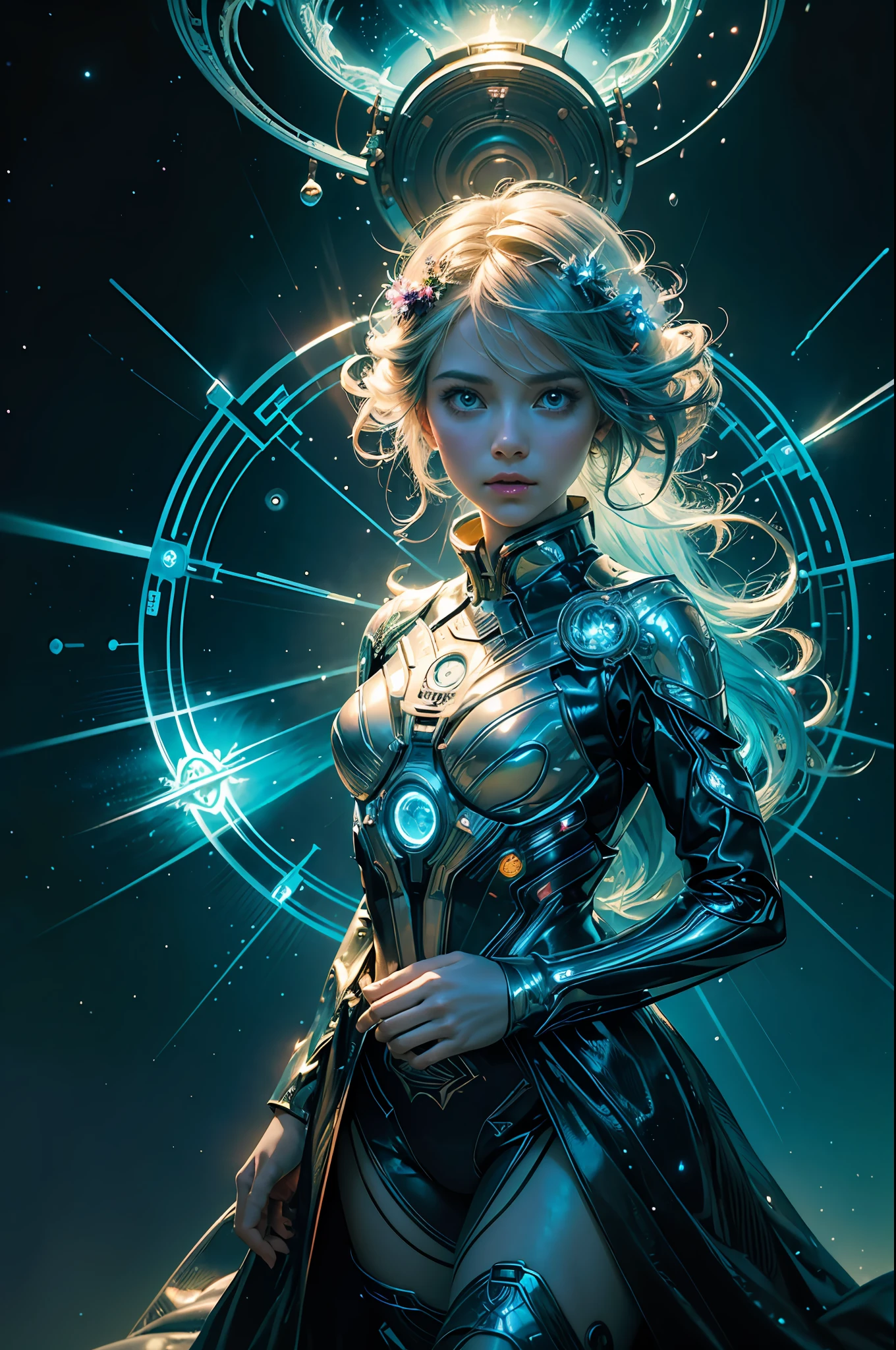 ((best quality)), ((masterpiece)), ((realistic)), portrait, 1girl, celestial, deity, goddess, light particles, halo, looking at viewer, (bioluminescent:0.95) flame, bioluminescence, phoenix, Vibrant, Colorful, Color, (Glow, Glow), (Beautiful Composition), Cinematic Lights, Intricate, (Symmetry: 0.5), Whimsical, Alien Planet