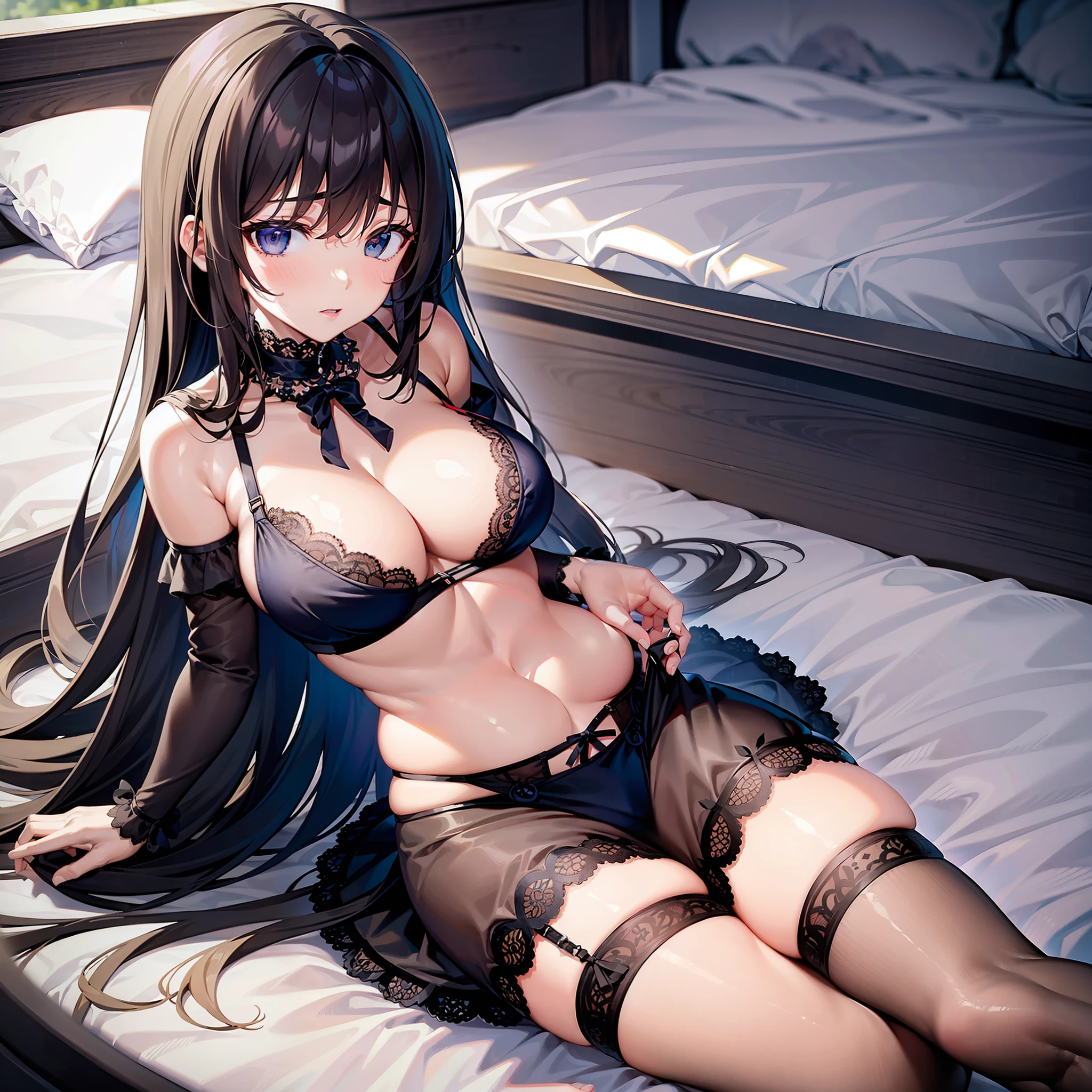 1girll，Childlike big breasts，（nedium breasts:heads=3:1）Lace lingerie big breasts，Lie down in bed，bit girl，Lori huge breasts cleavage，A coquettish expression，Extremely large breasts，Small loli，black lence stockings，pyjamas，blacksilk，ankle bracelets