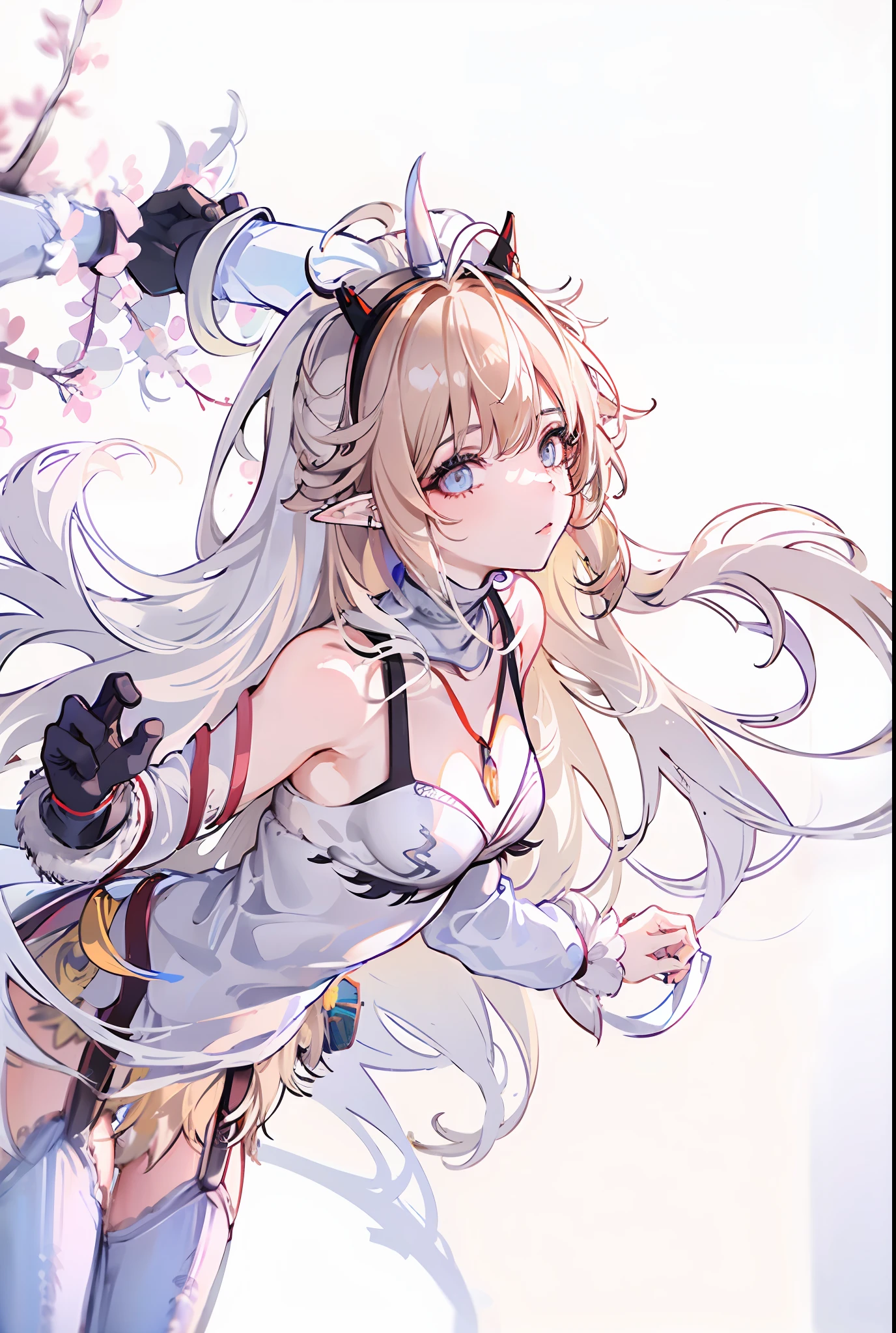 anime big breast，Best quality at best，highly  detailed，tmasterpiece，ultra - detailed，独奏，（1girl），（Elaborate Eyes），（white backgrounid：1.3），lily_\（florals\），saber_lily，blonde_hair，ahoge，blue_eyes，white_gloves，lacepantyhose，hair_bow , white dresses, wariza,