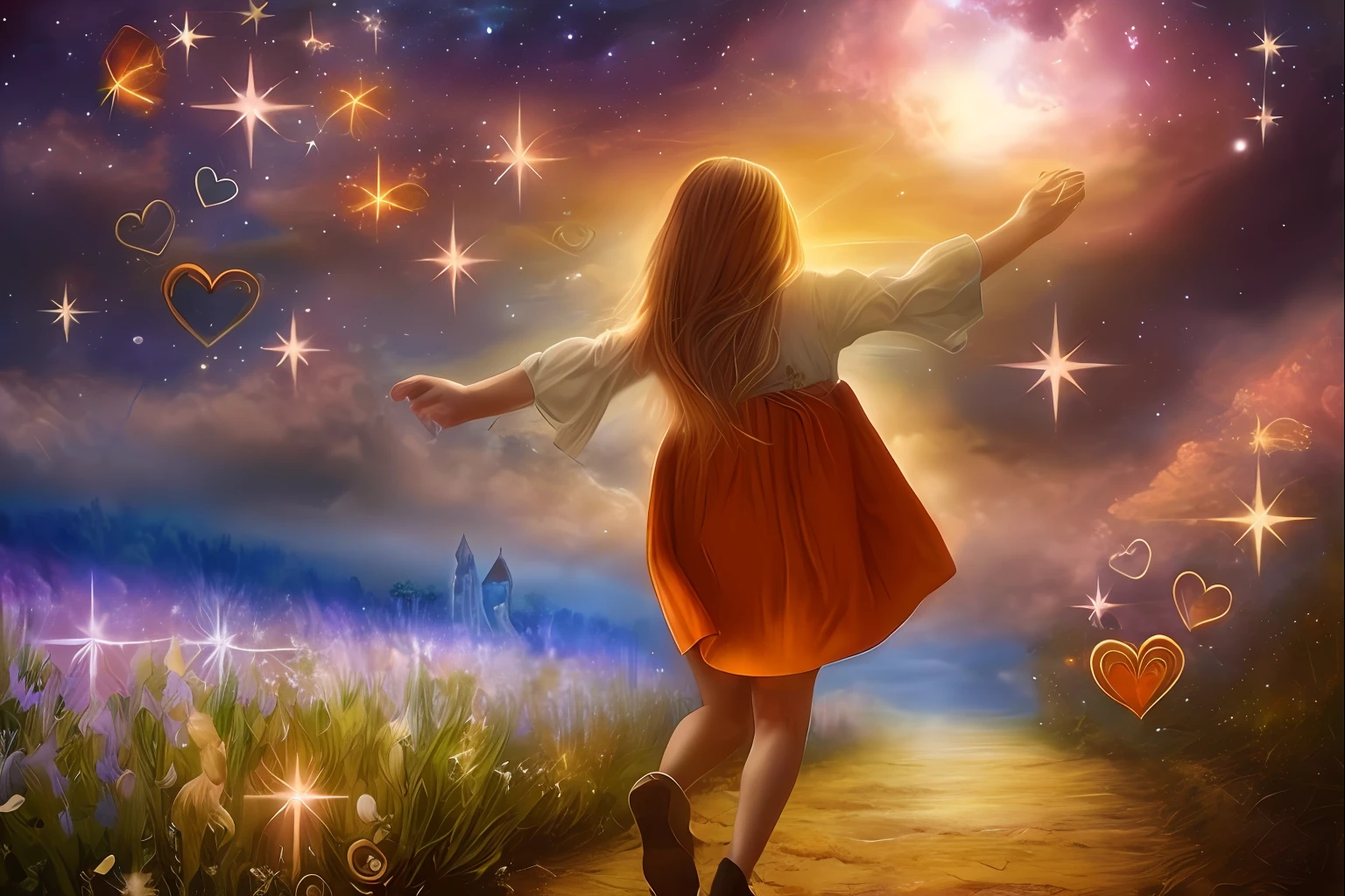 There's a girl who's walking down a path, little girl with magical powers, corrente de amor e felicidade, girl dancing in a flower field, Poeira de fadas no ar, Perdidos em uma paisagem de fadas sonhadoras, very magical and dreamy, inspirado em Tom Chambers, Tom Chambers Fotografia, background is celestial, Directed by: Tom Chambers, !!Beautiful!!, arte sonhadora