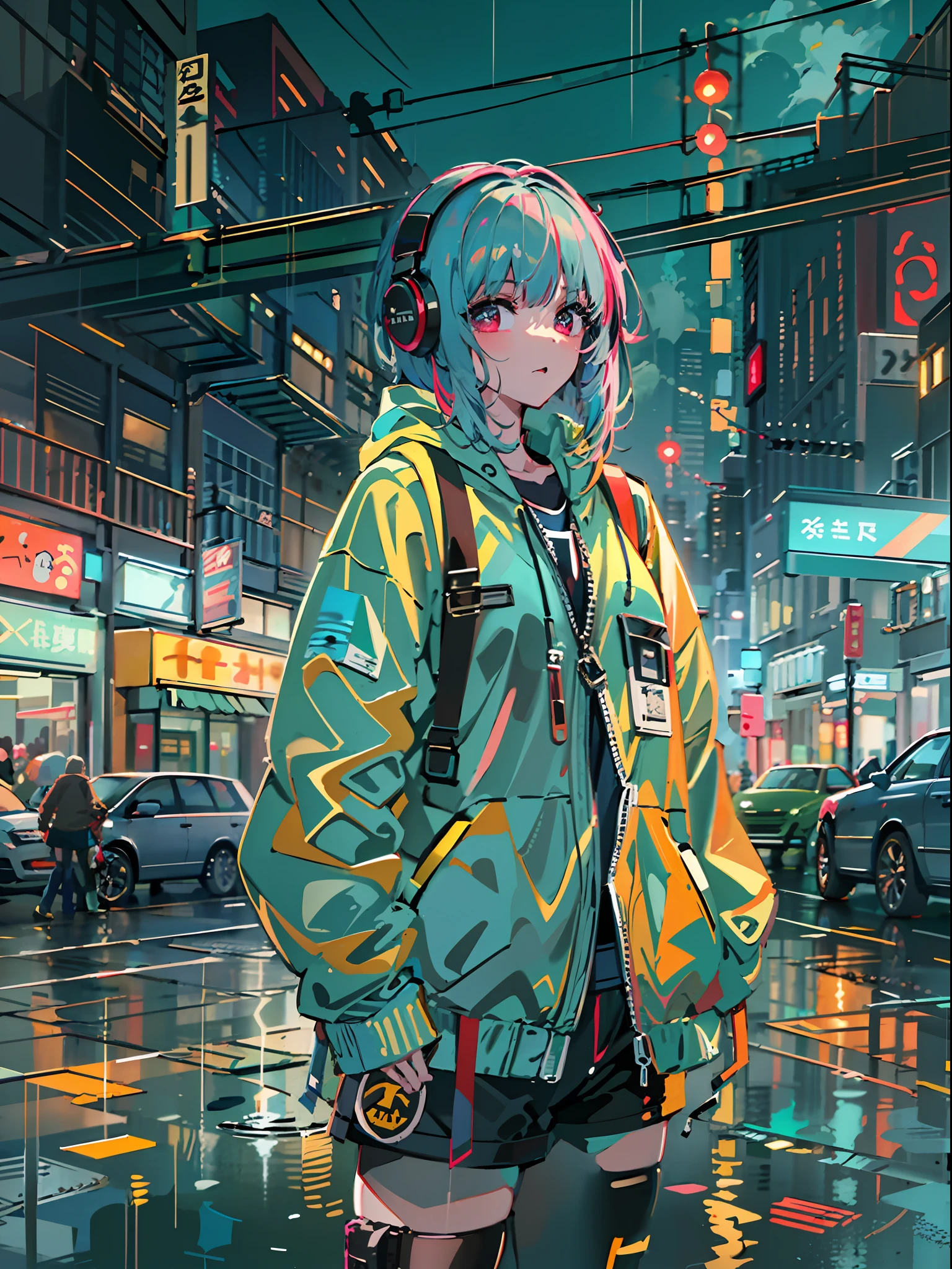 8K分辨率、((top-quality))、((masterpiece))、((ultra-detailliert))、1 woman、独奏、incredibly absurdness、Oversized hoodies、headphones、Street、plein air、Rain at night、neons、Shortcut Hair、Brightly colored eyes、Hands in pockets、shortpants、water dripping