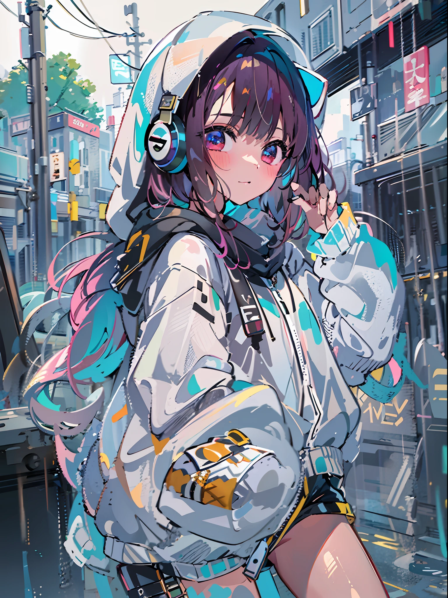 8K分辨率、((top-quality))、((masterpiece))、((ultra-detailliert))、1 woman、独奏、incredibly absurdness、Oversized hoodies、headphones、Street、plein air、Rain at night、neons、Shortcut Hair、Brightly colored eyes、Hands in pockets、shortpants、water dripping