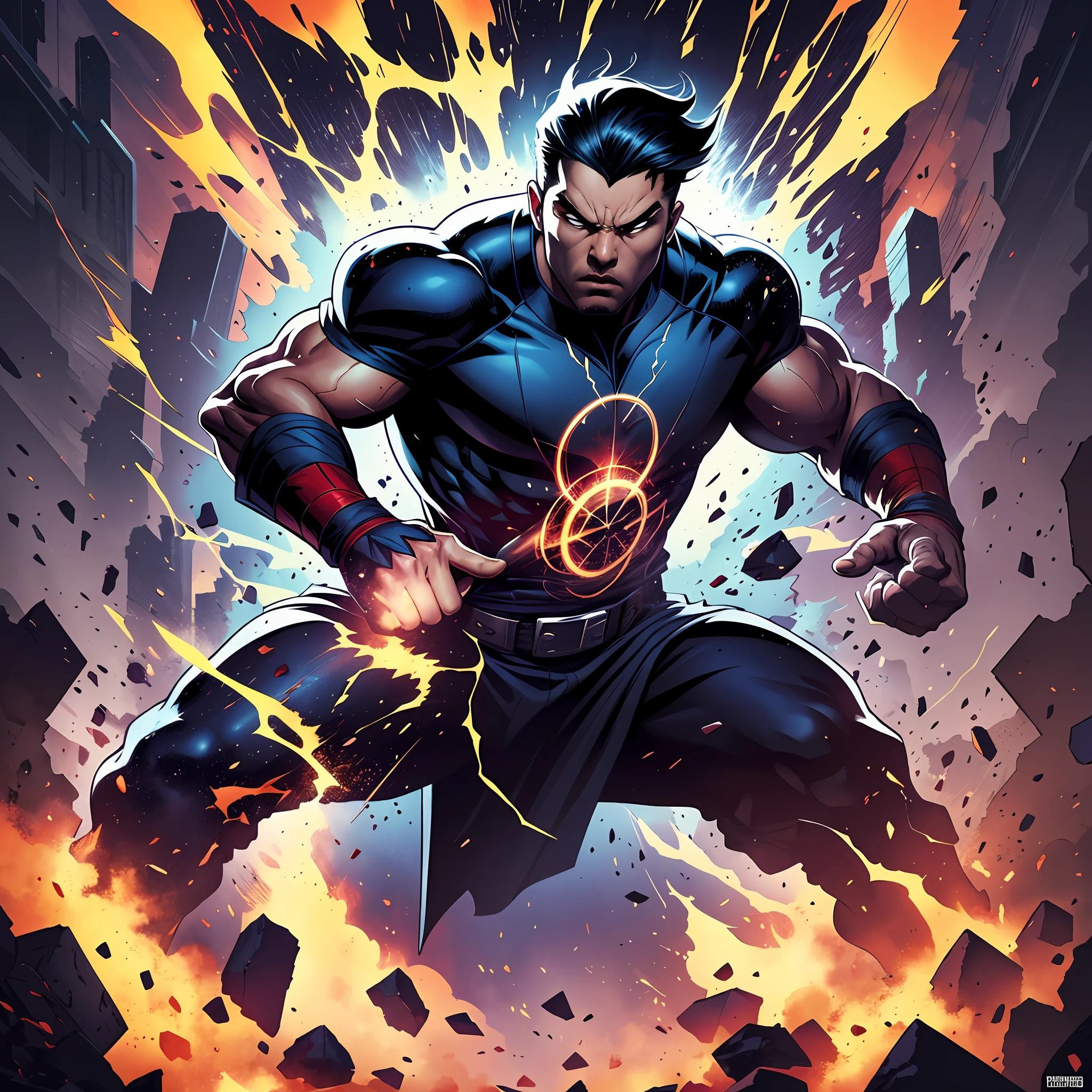 "A man wielding supreme power, toppling everything in his path, in a graphic art design. The man should embody raw power, determination, and control, making his strength palpable even through a static image. His action should be dynamic, perhaps caught mid-swing in a forceful motion that conveys the sheer force he possesses. The art should be created in a bold, graphic style, possibly using contrasting colors for impact. The size should be suitable for a poster design, about 24x36 inches, and have a high resolution of 300 DPI. The lighting should be dramatic, emphasizing the intensity of the scene." --auto --s2