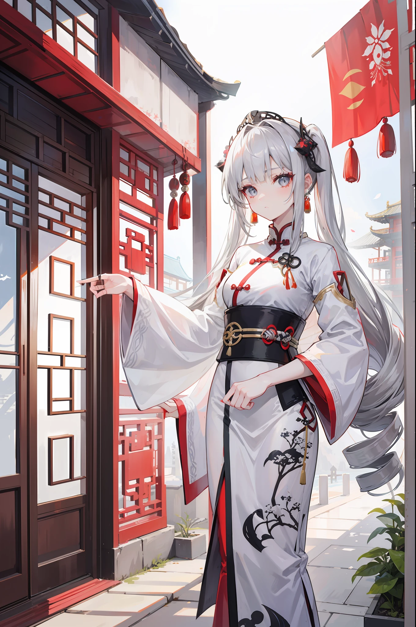 ph bronya, 1girl, solo, earrings, long hair, grey hair, drill hair, grey eyes, eastern architecture, asian architecture, chinese clothing, larterns, china clothing