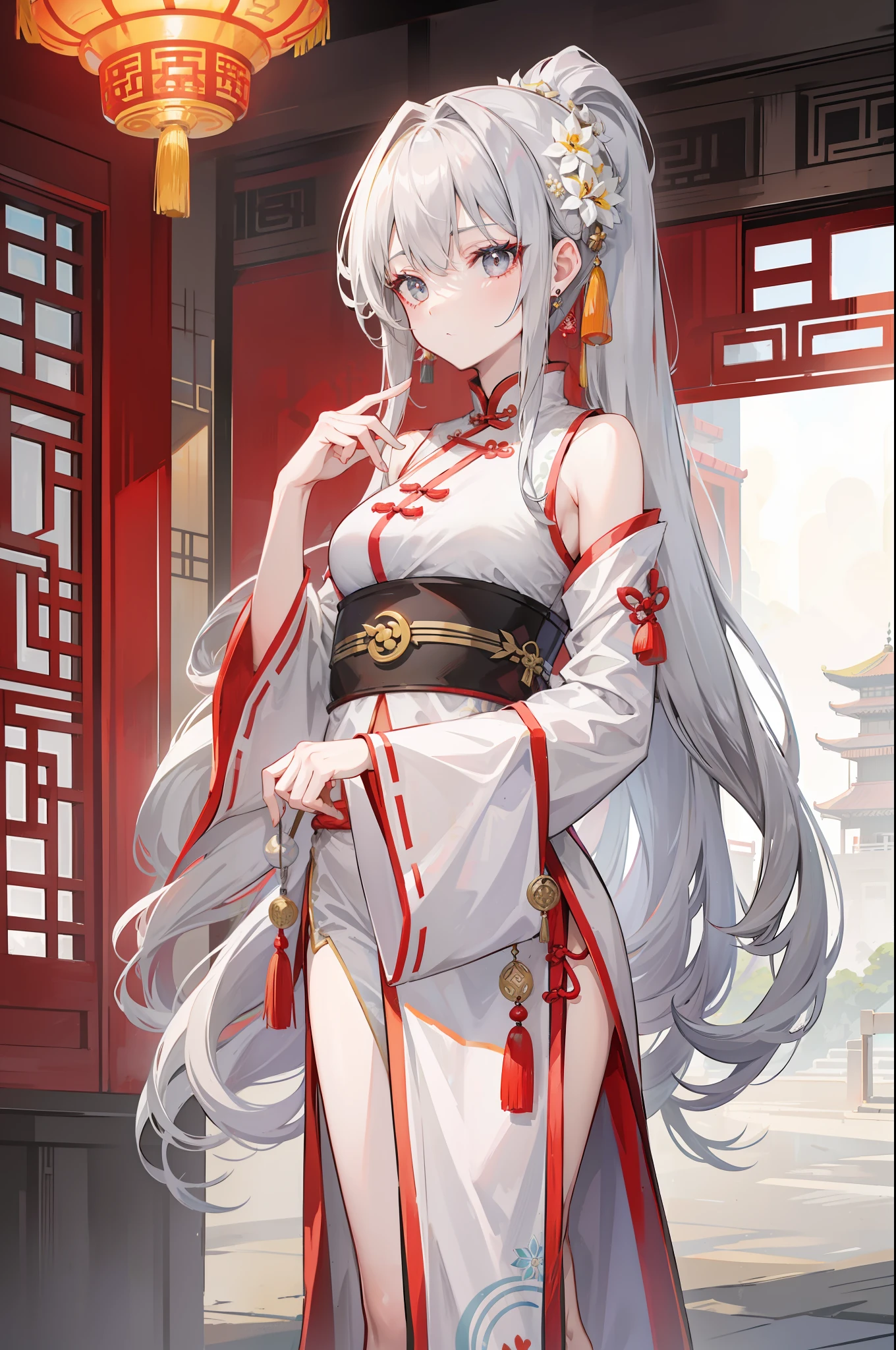 ph bronya, 1girl, solo, earrings, long hair, grey hair,  drill hair, grey eyes,  eastern architecture, asian architecture,  chinese clothing, larterns, china clothing