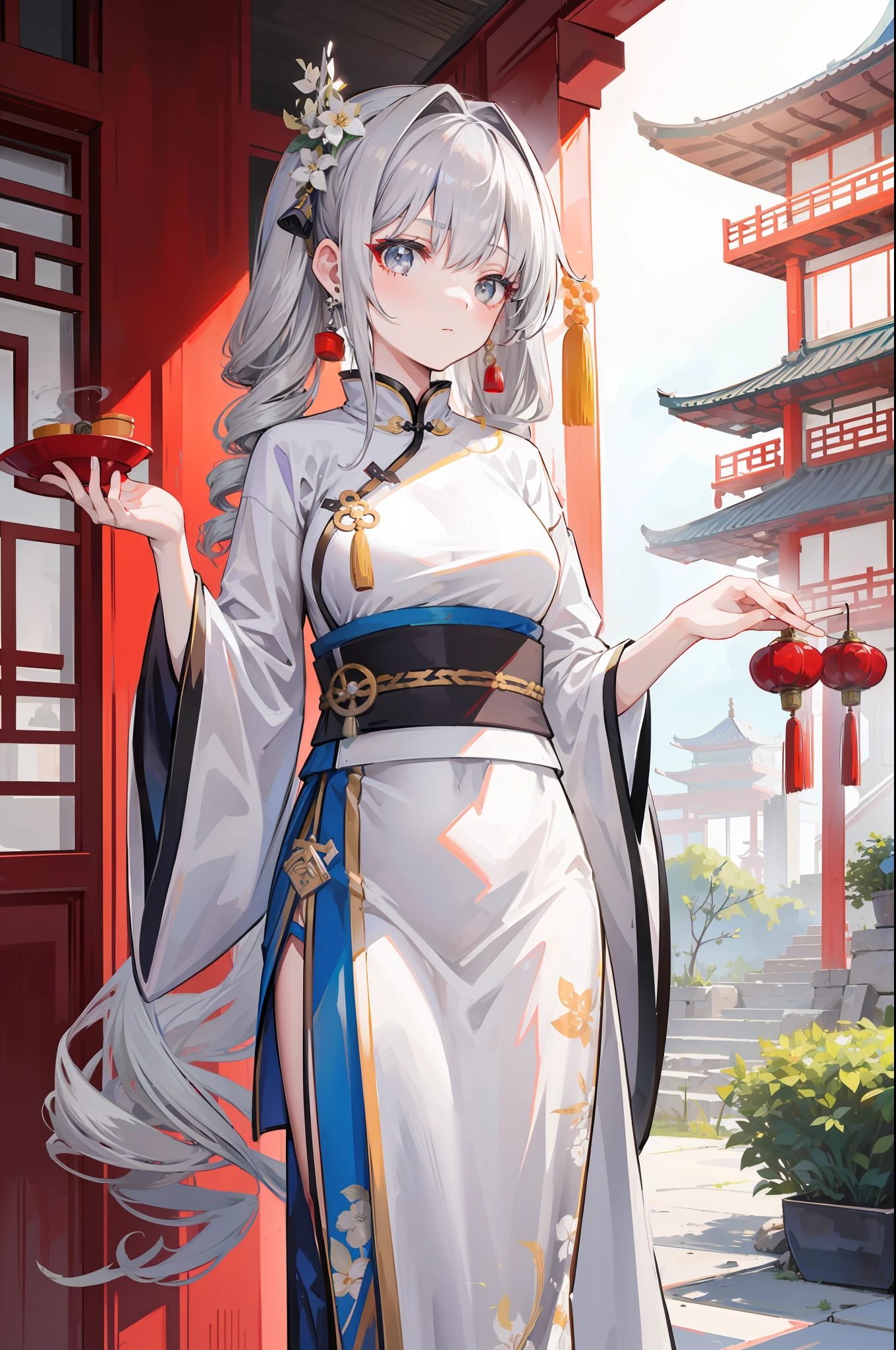 ph bronya, 1girl, solo, earrings, long hair, grey hair, drill hair, grey eyes, eastern architecture, asian architecture, chinese clothing, larterns, china clothing