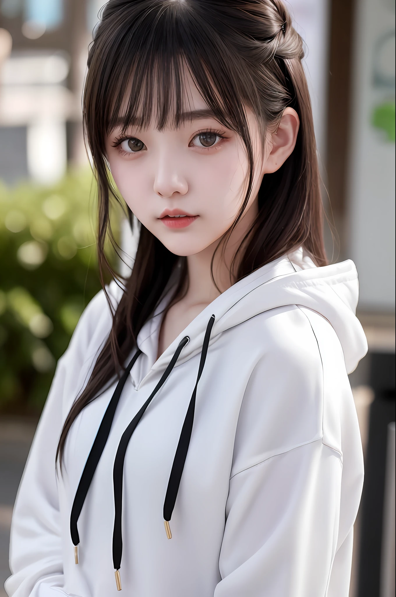 Fashion photo of young woman in Japan、boyish、23years old、Raw photography、(​masterpiece:1.2)、top-quality、ultra-detailliert、White hoodie、extra detailed face、Textured skin、film grains、