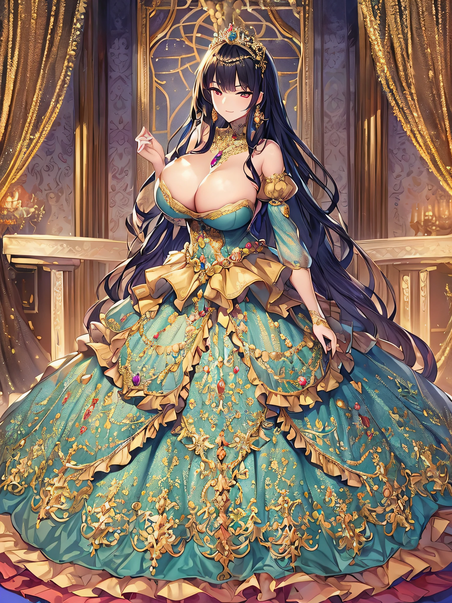 ((anime artstyle)),(Masterpiece),(Best Quality), (Super Detail),((Very Delicate and Beautiful)),((Solo)),((full body)),(((1 princess in beautiful embroidery and jeweled extremely gorgeous ball gown with voluminous skirt))),(Gorgeous jewelry ornaments),detailed face and eyes,jewel-like eyes,(seductive smile),((extremely voluminous Very Long Hair,Straight Hair)),((extremely gigantic tits,Long tits)),curvy,skindentation,(gorgeousfull embroidery and lace),gorgeous corsage,See-through,extremely gorgeousfull hair ornament,extremely gorgeousfull glitter jeweled tiara,ornate ruffles,((full body)),((hoop skirt,crinoline)),Dynamic Angle,Looking at viewer,((beautiful embroidery and jeweled extremely gorgeous ball gown with voluminous skirt)),full body