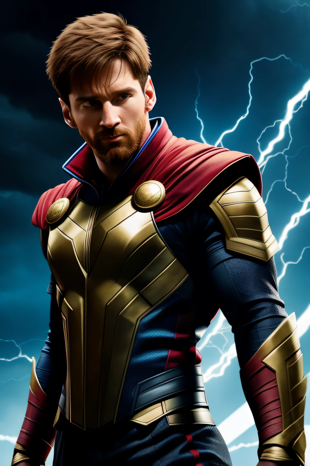 Lionel.Messi plays Marvel Thor, the god of thunder，short detailed hair，dynamic angle，dynamicposes，tmasterpiece，model photoshoot, 8K  UHD, Ultra detailed, RAW photography