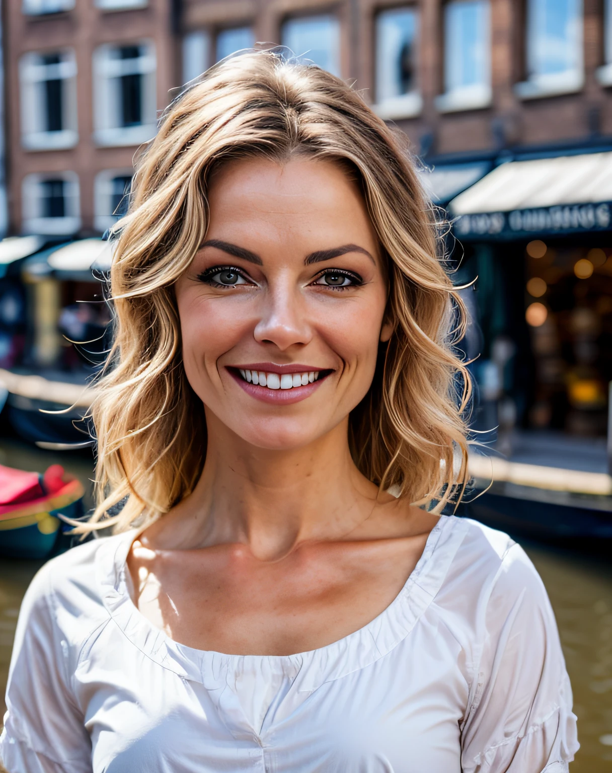 raw closeup of a stunningly beautiful woman, by the canals of holland, shops selling gouda cheese, RAW, 8K, UHD, natural lighting, perfect day, amateur, candid, extreme close up,