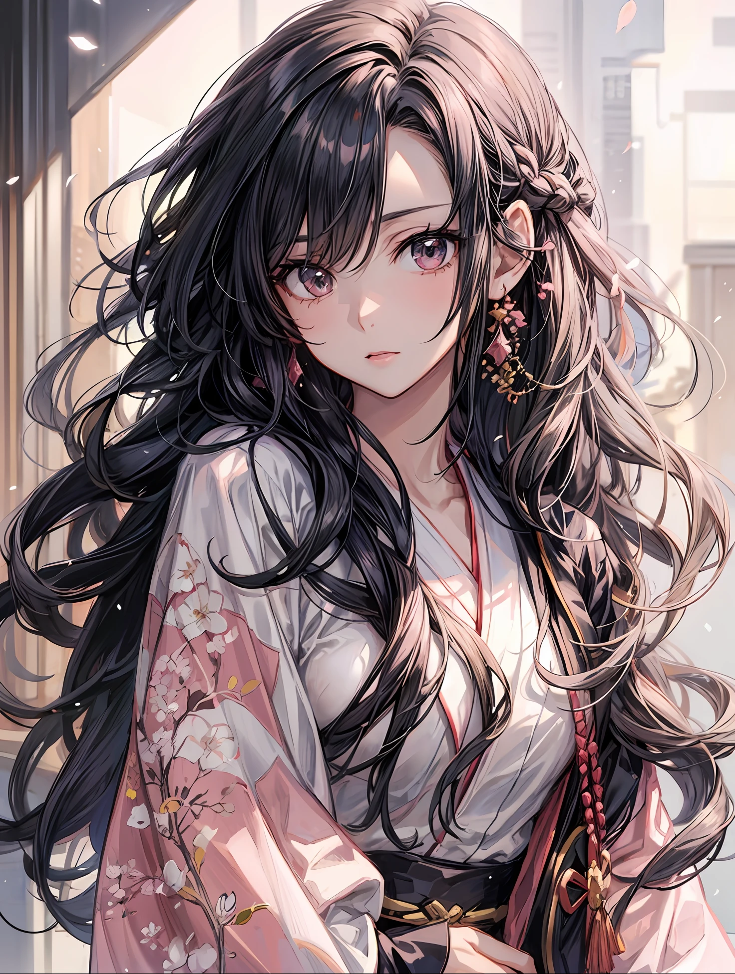 a woman with long hair wearing a kimono and a pink dress, anime girl with long hair, beautiful anime portrait, beautiful anime girl, flowing hair and long robes, detailed portrait of anime girl, beautiful anime woman, beautiful anime style, pretty anime girl, portrait of an anime girl, stunning anime face portrait, attractive anime girl, an anime girl, anime girl
