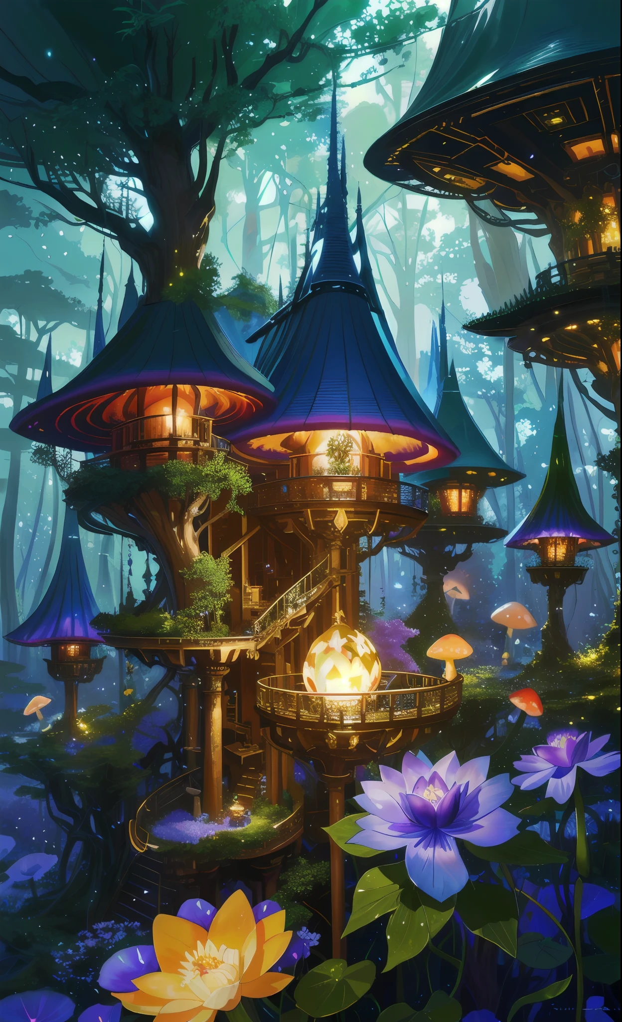 Dream Crystal Tree House，A glittering tree blooms in the center，Beautiful digital art in a magical fantasy forest，That magical tree in the magical fantasy forest，Dream Tree House，Colorful digital art in fantasy art style，Detailed and gorgeous digital 2D fantasy art，A tree house full of magic，Colorful concept art in digital 2D fantasy art，Fantastic atmosphere in a magical forest，Mushroom forest with glass goblet，s fractal art，morning glory，butterflys，lotuses，four-leaf clover，morning glory，Cyber Mushroom Forest，Ultra-detailed digital fantasy art。Mushrooms are everywhere in the picture，The unique mushroom shape creates a magical casa scene