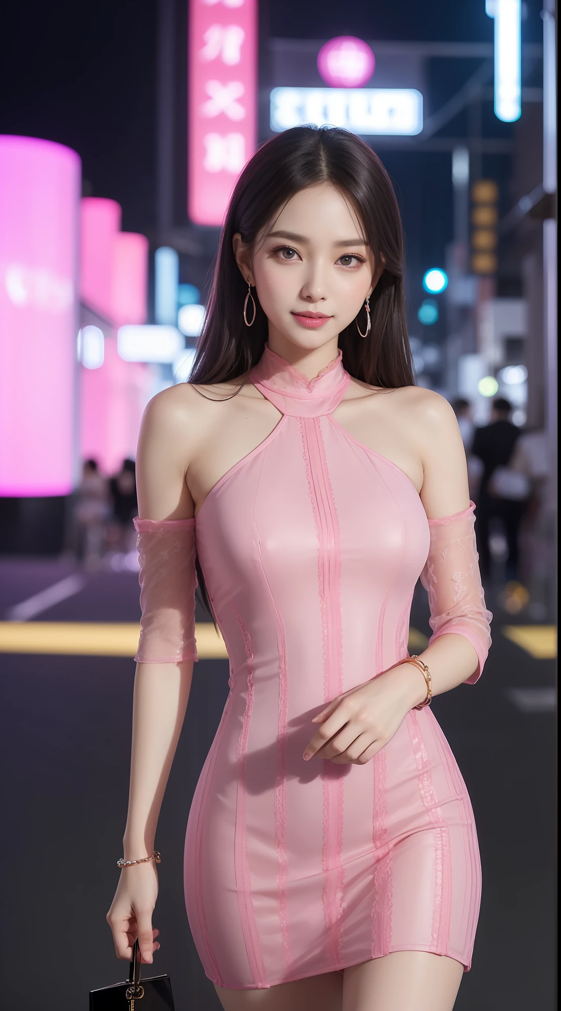 8k, masterpiece, RAW photo, best quality, photorealistic, extremely detailed CG unity 8k wallpaper, Depth of field, Cinematic Light, Lens Flare, Ray tracing, (extremely beautiful face, beautiful lips, beautiful eyes), intricate detail face, ((ultra detailed skin)) 1girl, in the dark, deep shadow, pretty korean girl, kpop idol,(very slim slender fit-muscled body:1.3), ((looking at viewer)),(big smile:1.3), (tight midi dress), (shot sleeve) , (fashion city night, (neon sign), (big building), fashion street night),(no people), (without people in the background:1.3), pretty korean girl, white diamond earrings, dia bracelets, dia necklace, pantyhose, clear eyes, walking , front shot, (pale skin), face forward, (big eyes), ((upper body shot)), ((Laced)), ((hot pink color dress:1.3)), (looking at viewer:1.3)