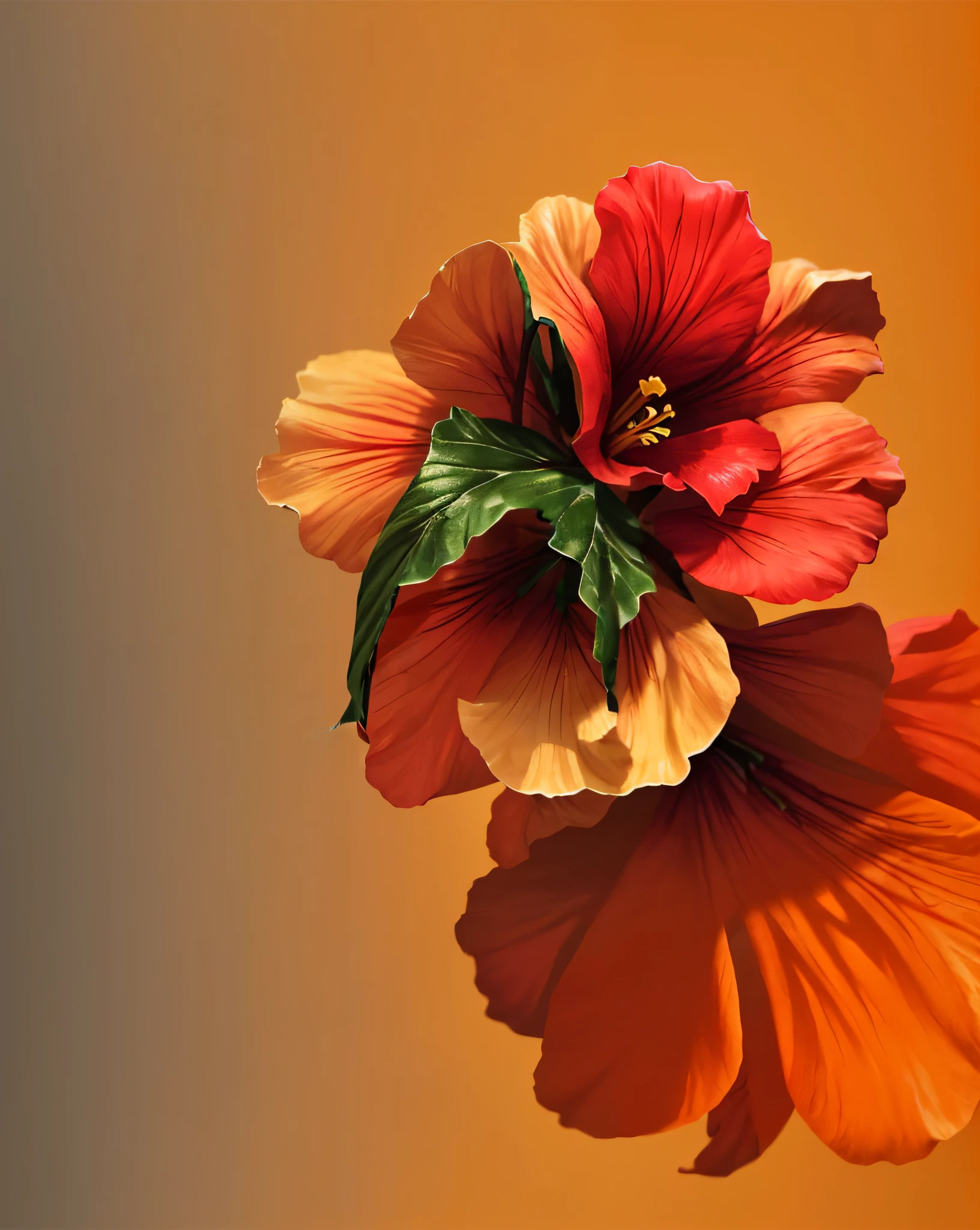 hibiscus flower blooming on a gnarled branch against a grey background, simple background, in the style of light orange and light beige, minimalist images, photography installations, paleocore, green and crimson, hyper-realistic, poetic intimacy