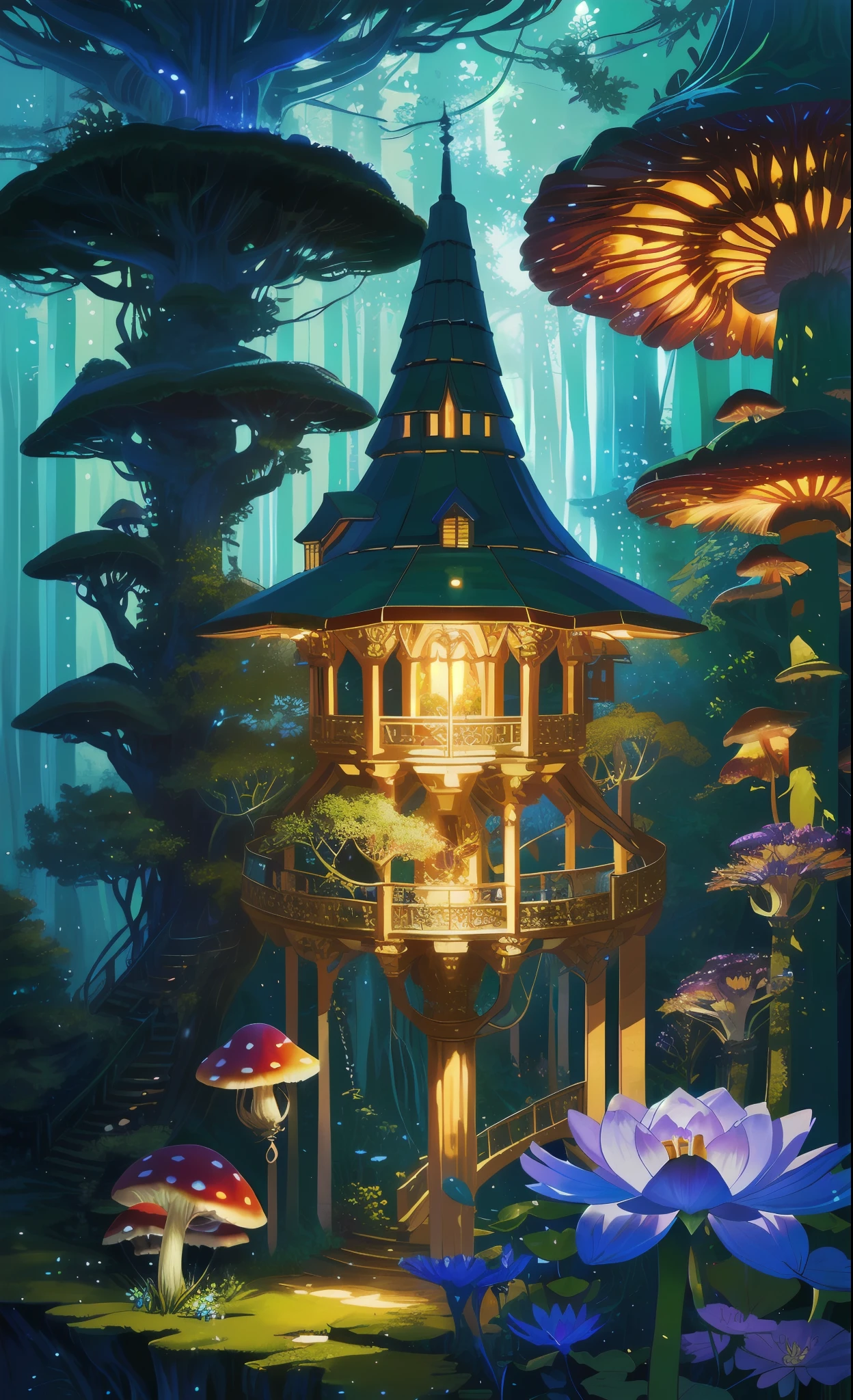 Dream Crystal Tree House，A glittering tree blooms in the center，Beautiful digital art in a magical fantasy forest，That magical tree in the magical fantasy forest，Dream Tree House，Colorful digital art in fantasy art style，Detailed and gorgeous digital 2D fantasy art，A tree house full of magic，Colorful concept art in digital 2D fantasy art，Fantastic atmosphere in a magical forest，Mushroom forest with glass goblet，s fractal art，morning glory，butterflys，lotuses，four-leaf clover，morning glory，Cyber Mushroom Forest，Ultra-detailed digital fantasy art。Mushrooms are everywhere in the picture，The unique mushroom shape creates a magical casa scene