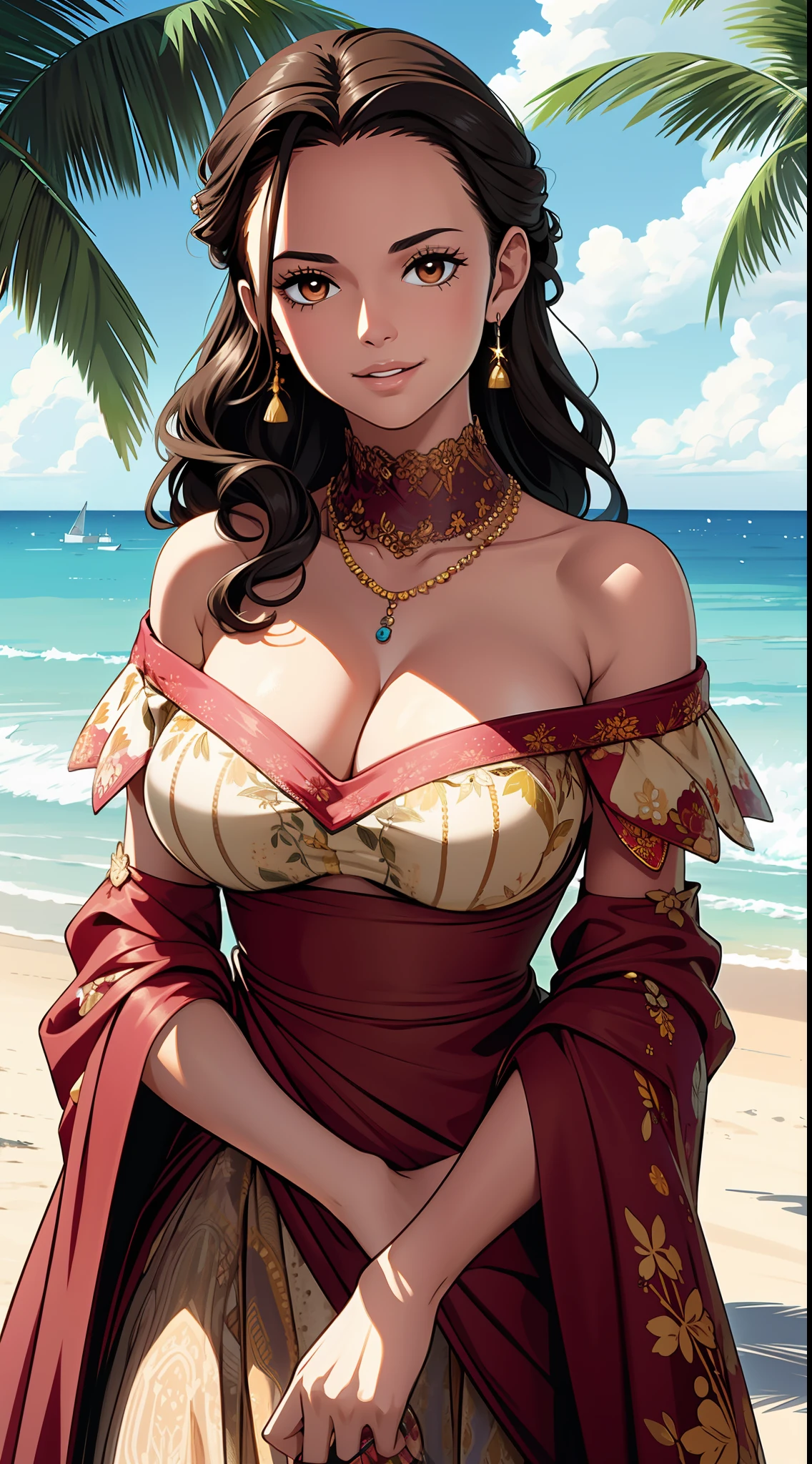 ultra realistic 8k cg, Masterpiece, ((Ultra detailed backgrounds, Delicate pattern, intricately details)), (Highly detailed, Fine details), Best quality, (Photorealistic:1.4),Beautiful lighting,  Large breasts，(Off-the-shoulder attire:1.4)，cleavage，Black hair，RAW photo, filmgrain,  1girll, Black hair, Smile, Long hair, Solo, jewelry, Earrings, hair adornments, Brown eyes, dress, Smile, necklace, Bare shoulders, beautiful detailed lips, (cleavage), (complex detailed background, sandbeach，beachside，Greenery),