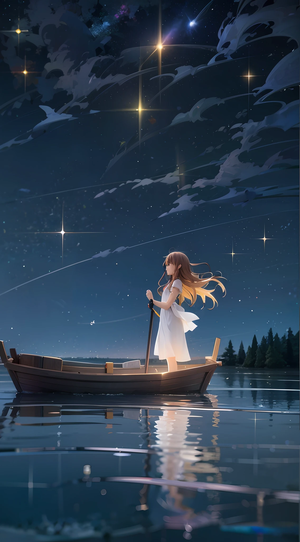 1girl, beautiful eye, smile, summer night starry sky reflected on water surface, serene smile, thin eyebrows, white summer dress, lace hem lightly touching the surface of the water, golden hair, medium length, loose waves flowing in the breeze, eyes shimmering like stars, laying in a small boat, background of a lake under a star-filled sky, dress billowing gently, soft light from the stars illuminating her, hair catching the gleam of the stars, face turned upwards towards the night sky, hands clasped over her stomach, a sense of tranquility in her posture, delicate sandals resting beside her, ripples expanding outwards where the hem of her dress touches the water, twinkling stars reflected in her wide eyes, silhouette of distant trees on the shoreline, the Milky Way stretching out overhead, boat gently rocking with the rhythm of the lake, sound of night-time insects adding to the atmosphere, serene expression mirroring the calm water, the splash of a distant fish, glow from the stars casting a celestial glow over the scene, a shooting star streaking across the sky, hint of wonder in her gaze, luminous night sky mirrored in the still water, soft waves lapping at the boat, peace and quiet of the summer night, her figure bathed in the ethereal starlight, creating a mystical aura, atmosphere of stillness and contemplation,