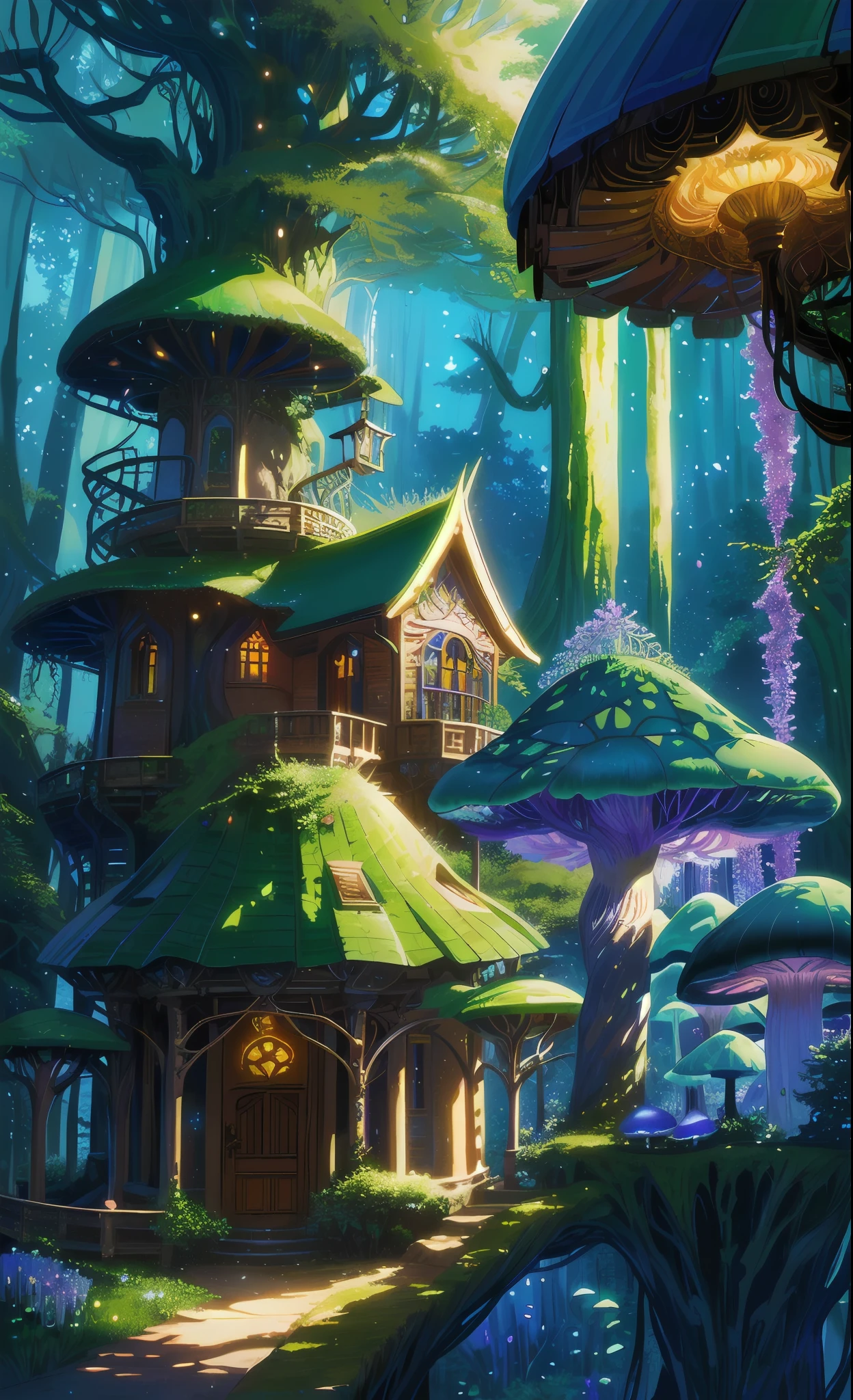 Dream Crystal Tree House，A glittering tree blooms in the center，Beautiful digital art in a magical fantasy forest，That magical tree in the magical fantasy forest，Dream Tree House，Colorful digital art in fantasy art style，Detailed and gorgeous digital 2D fantasy art，A tree house full of magic，Colorful concept art in digital 2D fantasy art，Fantastic atmosphere in a magical forest，Mushroom forest with glass goblet，s fractal art，morning glory，butterflys，lotuses，four-leaf clover，morning glory，Cyber Mushroom Forest，Ultra-detailed digital fantasy art。Mushrooms are everywhere in the picture，The unique mushroom shape creates a magical casa scene