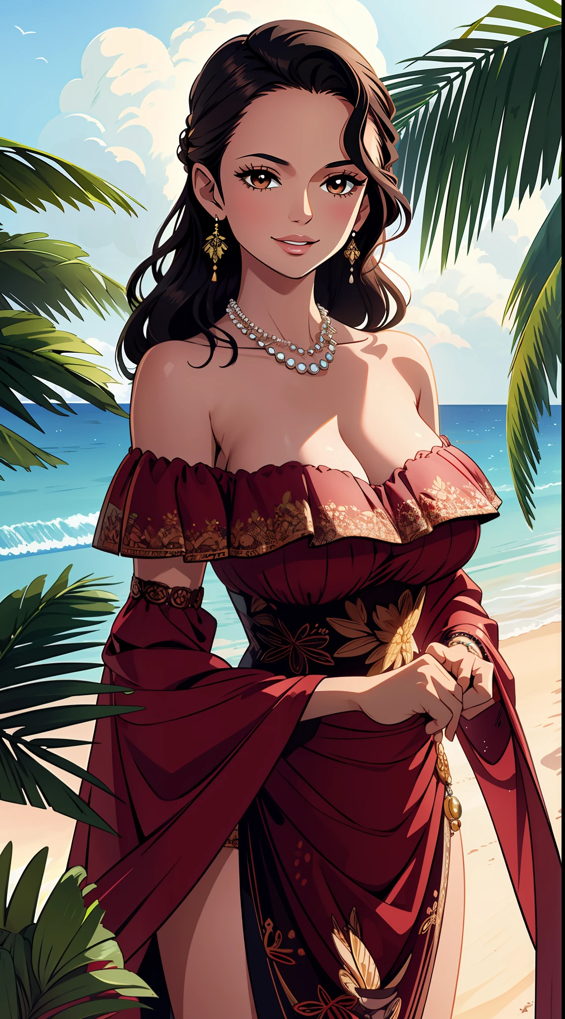 ultra realistic 8k cg, Masterpiece, ((Ultra detailed backgrounds, Delicate pattern, intricately details)), (Highly detailed, Fine details), Best quality, (Photorealistic:1.4),Beautiful lighting,  Large breasts，(Off-the-shoulder attire:1.4)，cleavage，Black hair，RAW photo, filmgrain,  1girll, Black hair, Smile, Long hair, Solo, jewelry, Earrings, hair adornments, Brown eyes, dress, Smile, necklace, Bare shoulders, beautiful detailed lips, (cleavage), (complex detailed background, sandbeach，beachside，Greenery),