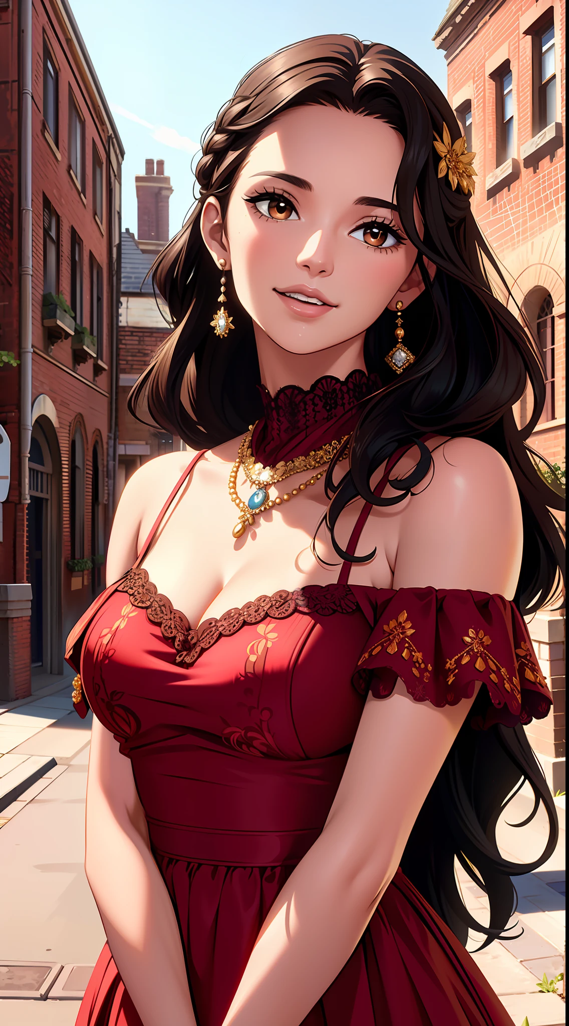 ultra realistic 8k cg, Masterpiece, ((Ultra detailed backgrounds, Delicate pattern, intricately details)), (Highly detailed, Fine details), Best quality, (Photorealistic:1.4),Beautiful lighting,  Large breasts，Off-the-shoulder attire，cleavage，Black hair，RAW photo, filmgrain, viola, 1girll, Black hair, Smile, Long hair, Solo, jewelry, Earrings, hair adornments, Brown eyes, dress, Smile, necklace, Bare shoulders, beautiful detailed lips, (Medium breasts), (complex detailed background, outside, old city, brick buildings, small town environment, Nature),