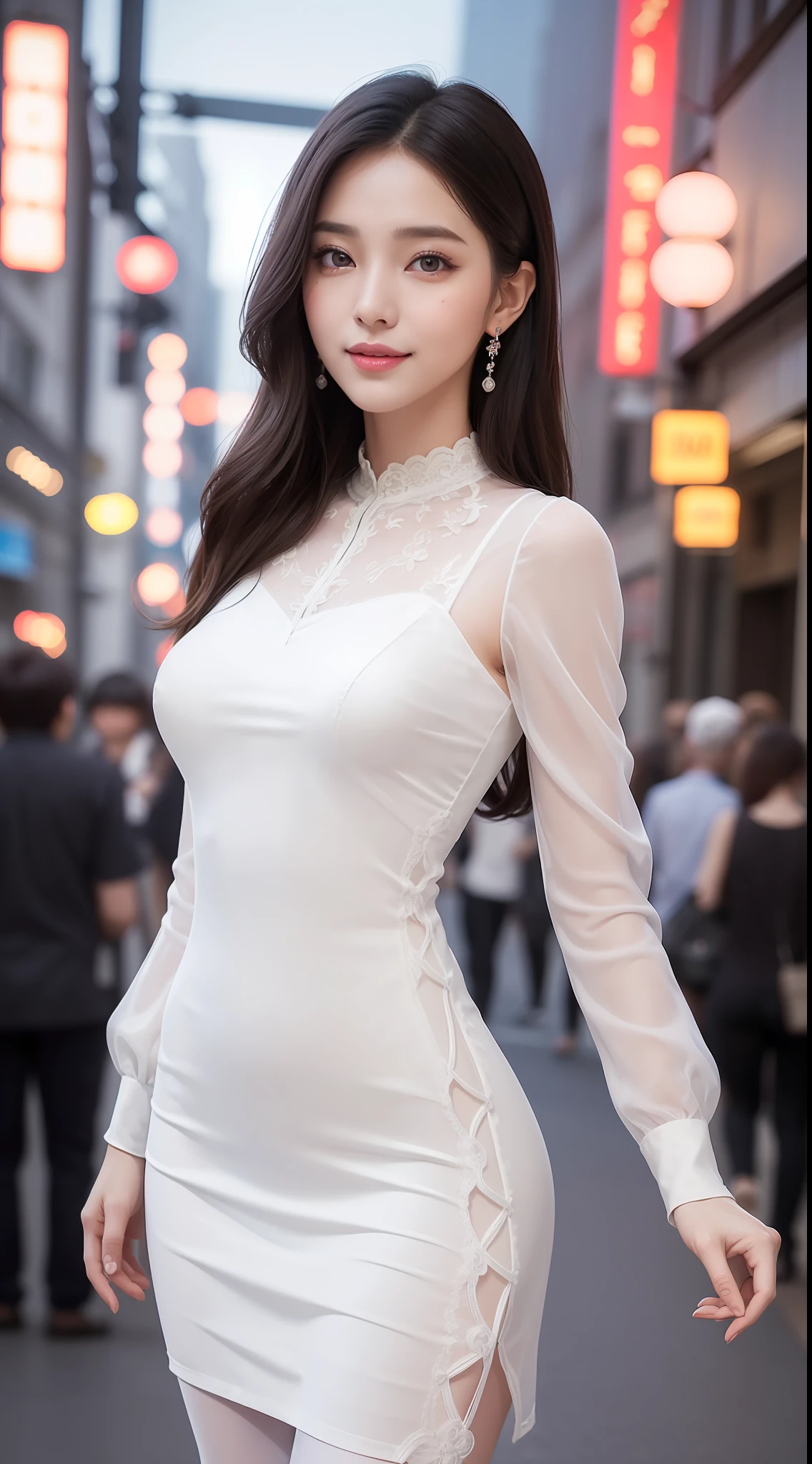 8k, masterpiece, RAW photo, best quality, photorealistic, extremely detailed CG unity 8k wallpaper, Depth of field, Cinematic Light, Lens Flare, Ray tracing, (extremely beautiful face, beautiful lips, beautiful eyes), intricate detail face, ((ultra detailed skin)) 1girl, in the dark, deep shadow, pretty korean girl, kpop idol,(very slim slender fit-muscled body:1.3), ((looking at viewer)),(big smile:1.3), (tight midi dress), (shot sleeve) , (fashion city night, (neon sign), (big building), fashion street night),(no people), (without people in the background:1.3), pretty korean girl, white diamond earrings, dia bracelets, dia necklace, pantyhose, clear eyes, walking , front shot, (pale skin), face forward, (big eyes), ((upper body shot)), ((Laced)), ((white color dress:1.3))(silk dress), (looking at viewer:1.3)
