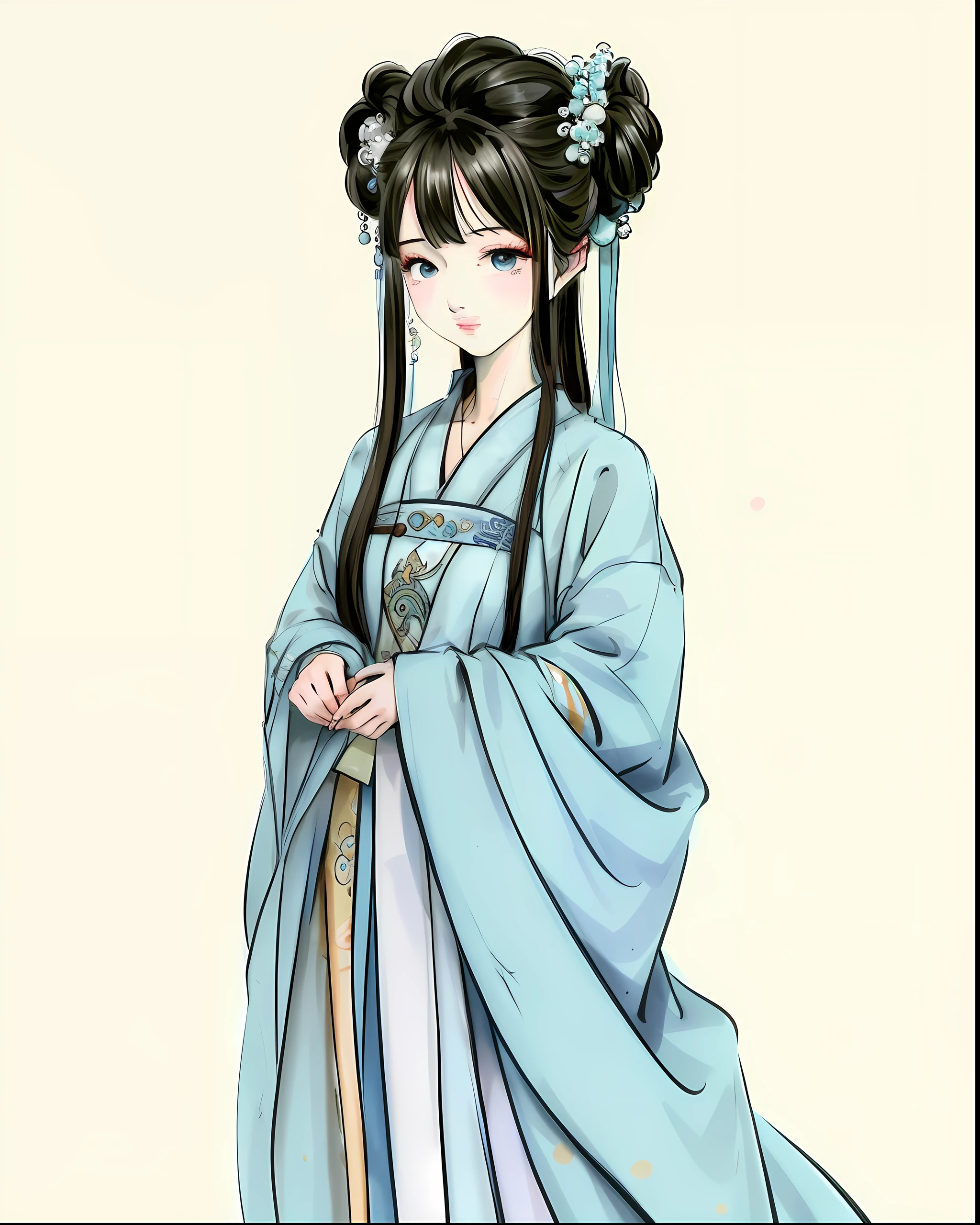 Cartoon image of a woman dressed in traditional Chinese costume, Traditional Chinese culture, ceramics, Blue and white porcelain, A girl in Hanfu, Wearing ancient Chinese clothes, Oriental figures, Hanfu, Turquoise, Princesa chinesa antiga, Culture of Jiangxi Province, China, ribbons, long whitr hair, Lushan culture, Hongzhou culture, Ganzhou culture, adolable, Water spirit's eyes