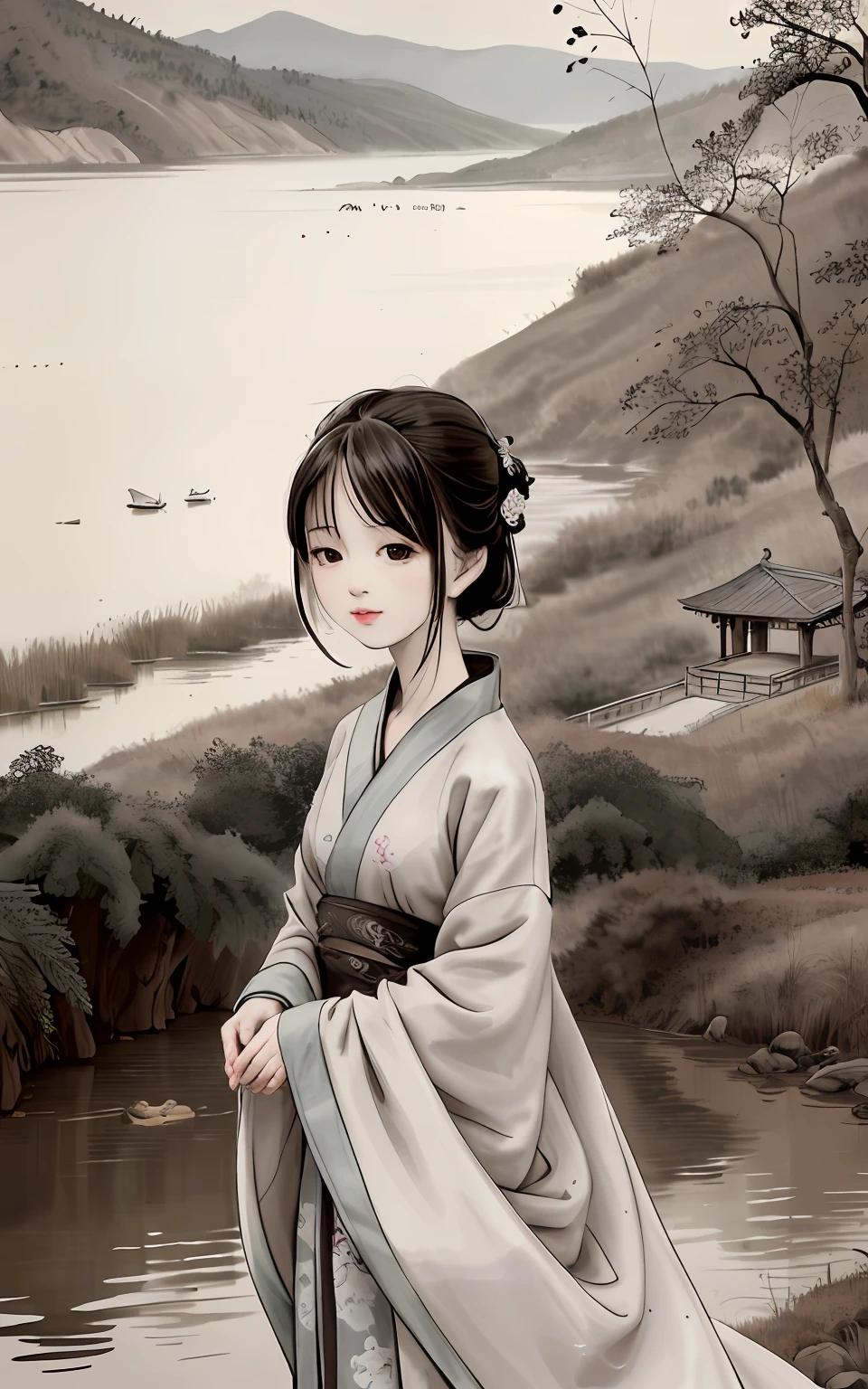 shukezouma, Negative space, , shuimobysim , Portrait of a woman standing , Willow branches, (Masterpiece, Best quality:1.2), Traditional Chinese Ink Painting, (Traditional Chinese painting), monochrome, ModelShoot style, Peaceful, (Smile), view the viewer, wearing long hanfu, Hanfu, Song, Willow tree in background, wuchangshuo, Distant mountains, Small lake, gazebo, Lonely boats,