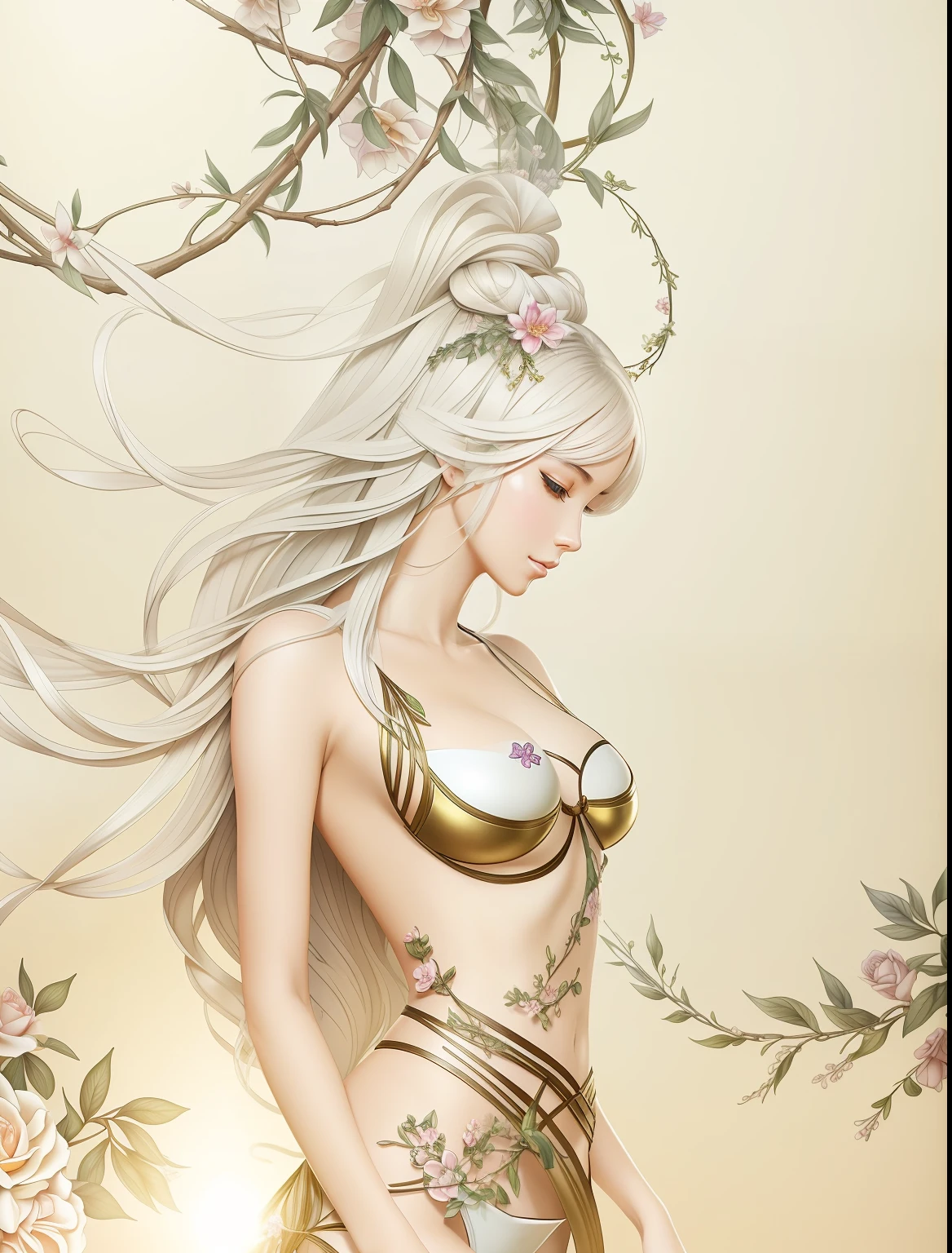 tmasterpiece,超A high resolution,a beautiful woman,The perfect figure to fly in the sky,The facial features are delicate and beautiful,middlebreast,No clothes all over,The picture is full of flowers,The body is wrapped around the body with gemstones and flower vines,Lots of gemstones,hisui,Art is interconnected,Correct human posture,Correct anatomy,Magical world,Artistic effects,rich colours,The colors are natural,Extremely high imagination,Perfect artistic effect,Shadows are clear,ultra-realistic realism,Real Photographics,Ultra HD images,High quality detailing, Cinematic lighting,((Contre-Jour)),absurderes, unbelievable Ridiculous, hugefilesize, ultra - detailed, A high resolution, The is very detailed,best qualtiy,tmasterpiece,illustratio,The is very detailed,CG,unified,8k 壁纸,Amazing Cleavage,finely detailled,tmasterpiece