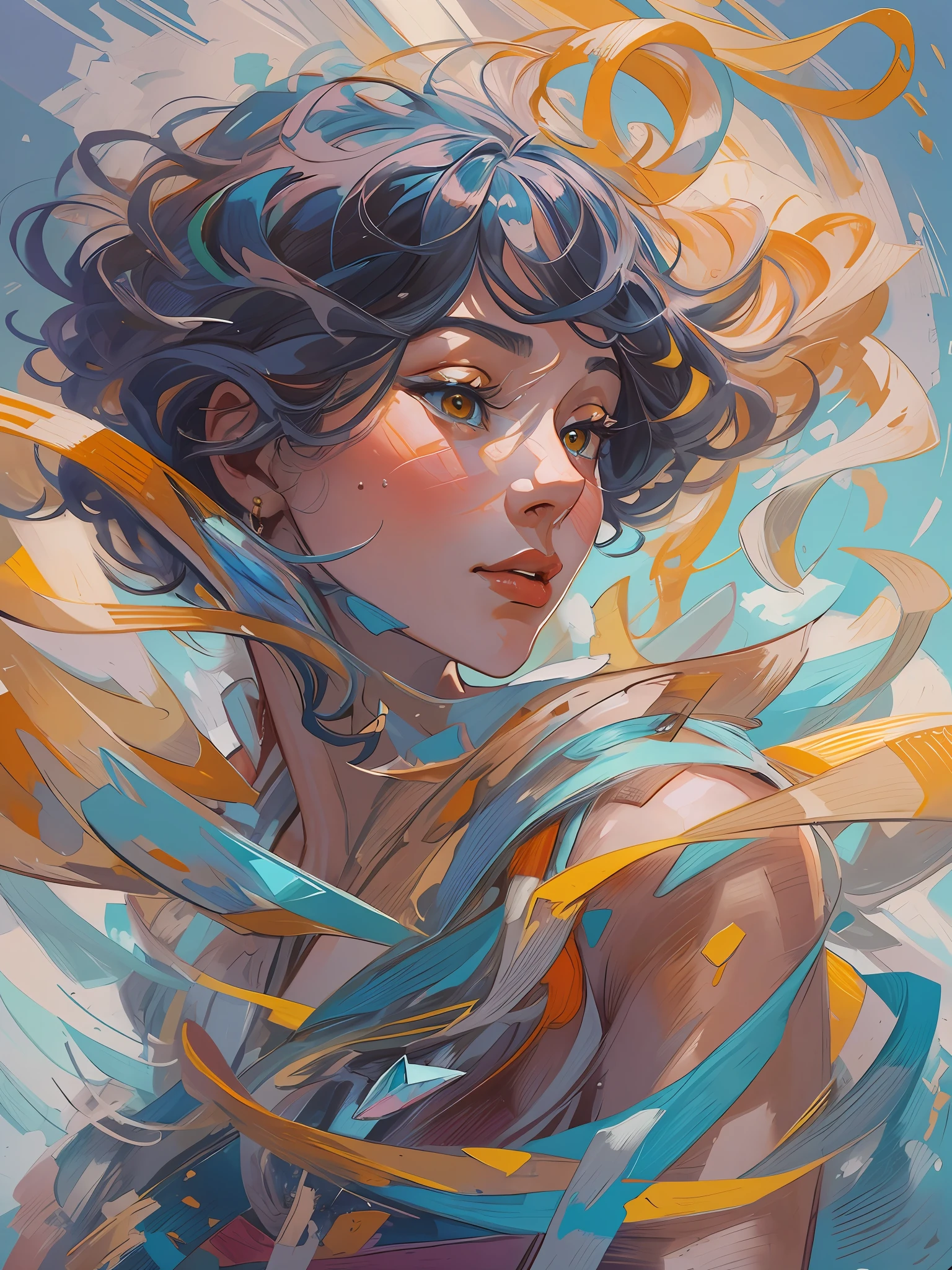 _james jean, floating female figure made of ribbons, smoke, in the sky, colorful and vibrant, mystical colors, contemporary impressionism, yanjun cheng portrait painting, iridescent painting, 3/4 perspective view, cute face, low angle, sweeping circling composition, large beautiful crystal eyes, big irises, UHD, HDR, 8K, (Masterpiece:1. 5), (the most beautiful portrait in the world:1.5)