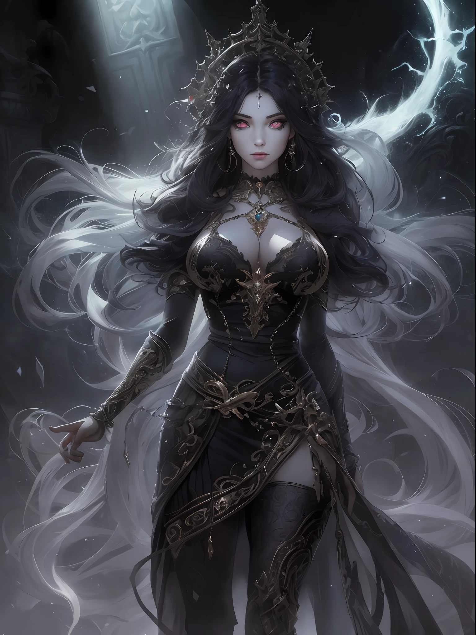 high details, best quality, 8k, [ultra detailed], masterpiece, best quality, (extremely detailed), dynamic angle, ultra wide shot, photorealistic, fantasy art, dnd art, dark fantasy art, realistic art, gothic art, an ultra wide, full body (intense details, Masterpiece, best quality: 1.5), picture of a female human (1.5 intricate details, Masterpiece, best quality) priestess of death ((pale white magical aura)), controlling a swirling magic (1.5 intense details, Masterpiece, best quality), manipulating [[magical sigils]] (1.5 intricate details, Masterpiece, best quality), human female, black  hair, pale skin,  long black hair with pale white aura, black hair with pale touch, white eyes, pale eyes, intense eyes,  ((glowing eyes)), black dress (intense details, Masterpiece, best quality: 1.5), red cloak (intense details, Masterpiece, best quality: 1.5), high heeled boots, (intense details, Masterpiece, best quality: 1.5), fantasy dark temple background, ((death worship atmosphere)), high details, depth of field (intense details, Masterpiece, best quality: 1.5),best quality, highres, ultra wide angle