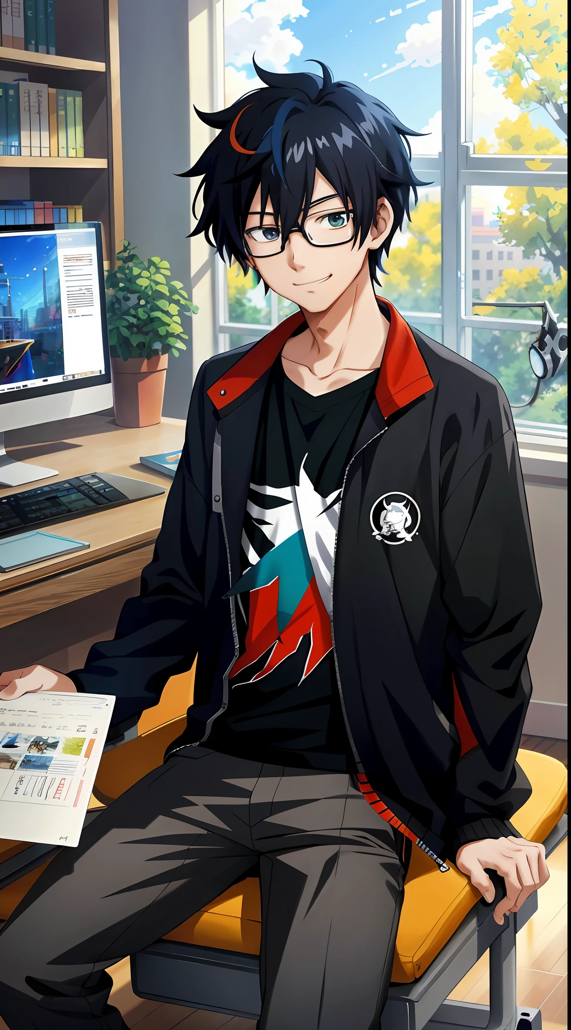 1man, Anime boy, multicolored hair, straight hair, black shirt, jacket, looking at the camera, glasses, inspired by zhong li, makoto shinkai style artwork, drawn in Anime Painter Studio, sit, library, looking at viewer, curly, smile, sunray, vivid, infront of computer