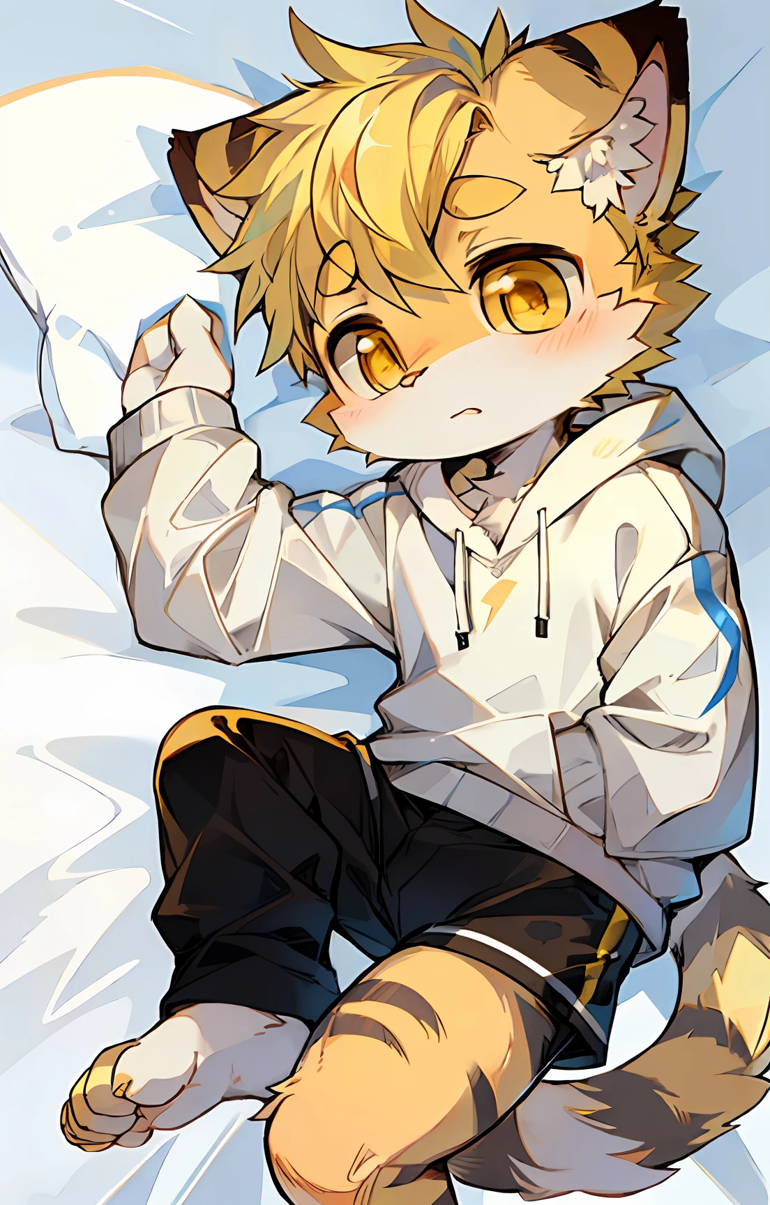 felid,Kids boy,Shota,Yellow hair,Golden eyes,White sweatshirt,Black shorts,Barefoot,adolable,Q version,sprout