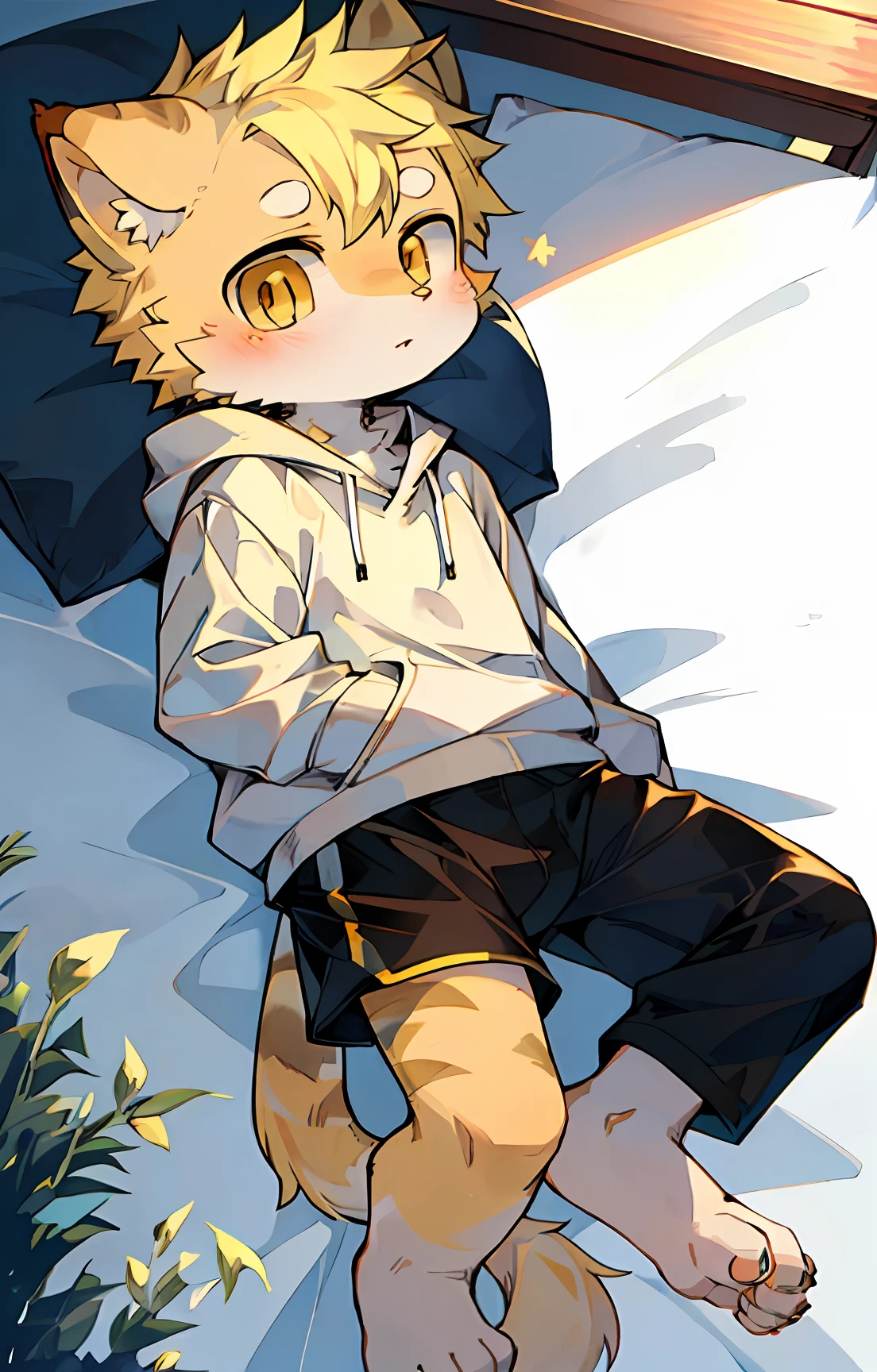 felid,Kids boy,Shota,Yellow hair,Golden eyes,White sweatshirt,Black shorts,Barefoot,adolable,Q version,sprout