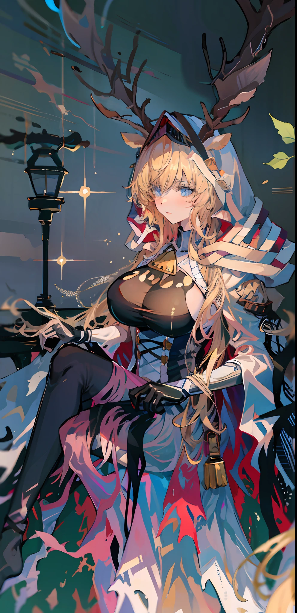 anime big breast，Best quality at best，highly  detailed，tmasterpiece，ultra - detailed，独奏，（1girl），（Elaborate Eyes），forest backgrou，lily_\（florals\），saber_lily，blonde_hair，ahoge，blue_eyes，white_gloves，lacepantyhose，hair_bow , white dresses, wariza,