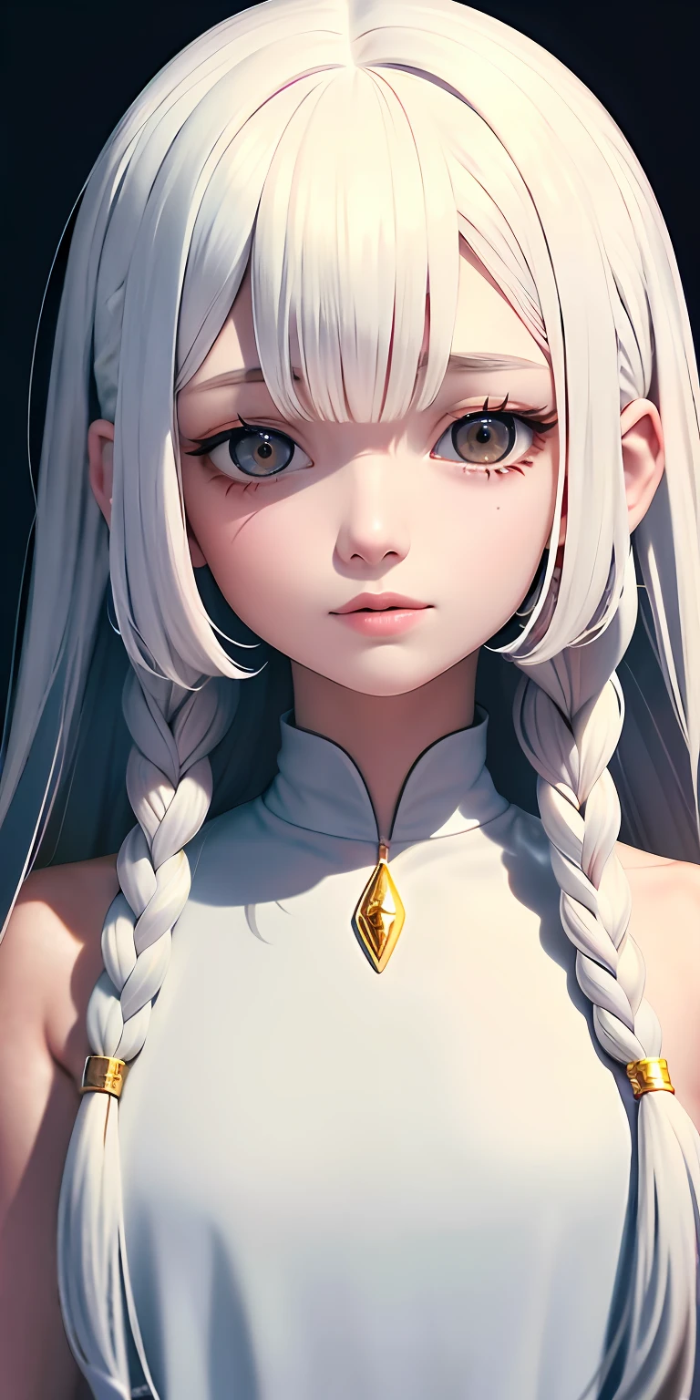 best quality, masterpiece,white hair, gold eyes,white clothes, looking up, upper body,hair strand,Fair skin,side braids