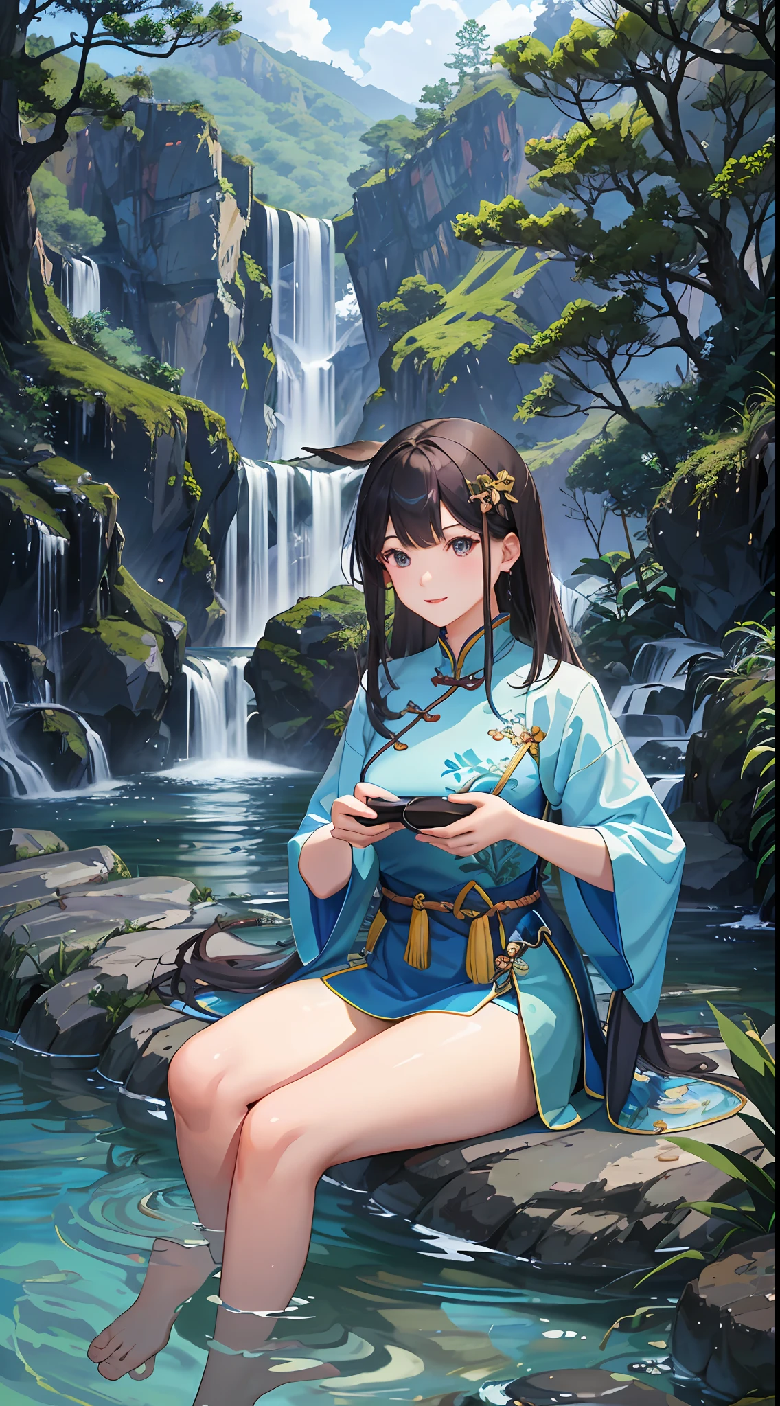 Chinese antiquity、springtime、jungles、lakes、hole in the mountains、waterfallr，The tree、grassy fields、Rochas、fawn、hot onsen、hydrosphere、（illustratio：1.0）、Epic composition、Realistic lighting、high definition detail、tmasterpiece、Best quality，Take real photos，Live-action presentation（非常详细的 CG 统一 8k 壁纸）