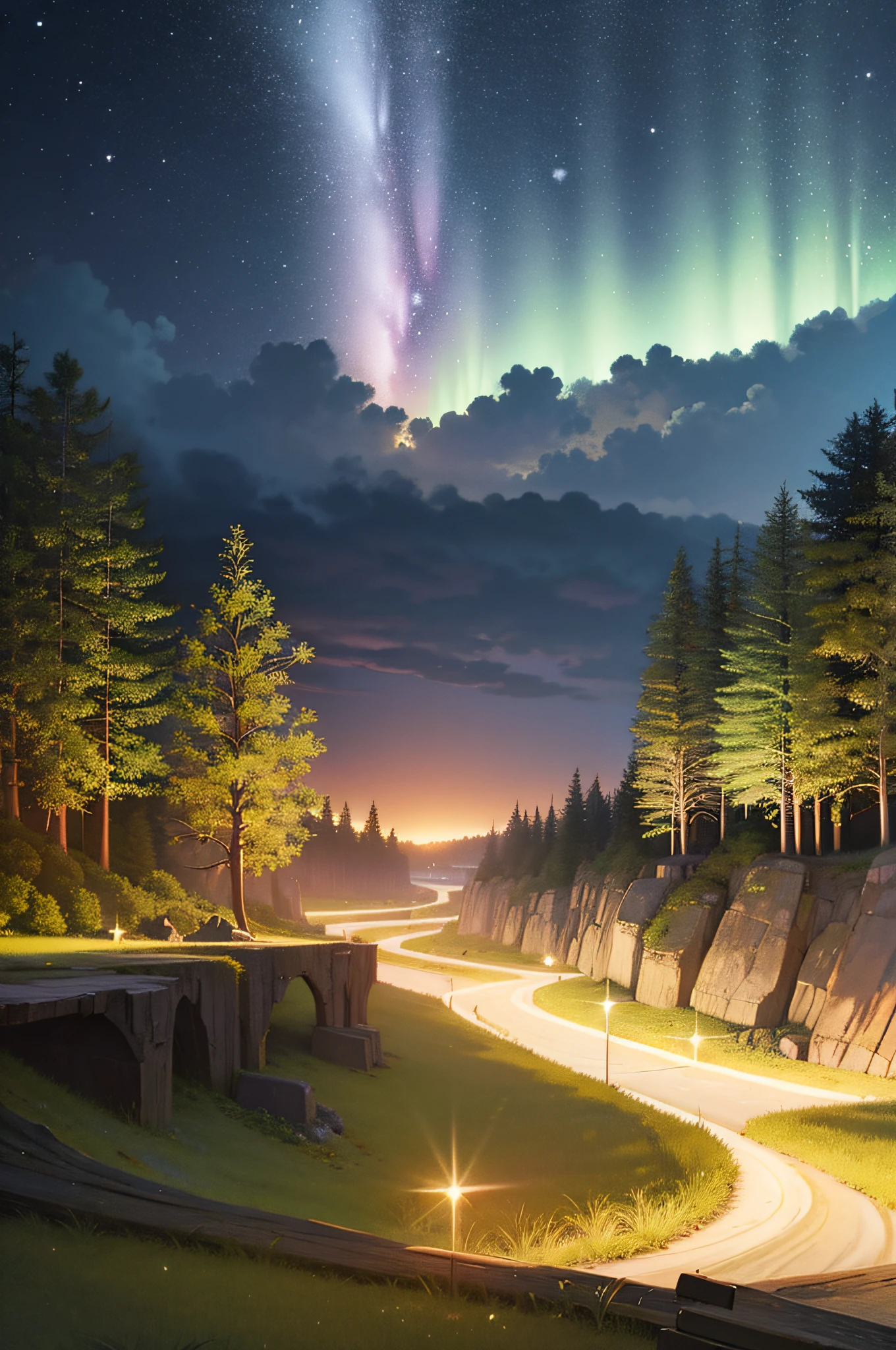 Landscape advantage, Extreme detail, Exploding sky, Night sky, River, Milky Way, fantasy, Dream Core, woods. louka, Natural landscape, Dawn of the Sun., meteors, flash lights, Northern Lights, Clouds， meteor shower, , Realism, Realism, surrealism, romanticism lain, Vignetting, Sparkle, surrealism, romanticism lain, Vignetting, High detail, Luminism, En plein air, Masterpiece, Best quality, 16k，Local characters。（Sky to ground scale：4:6）