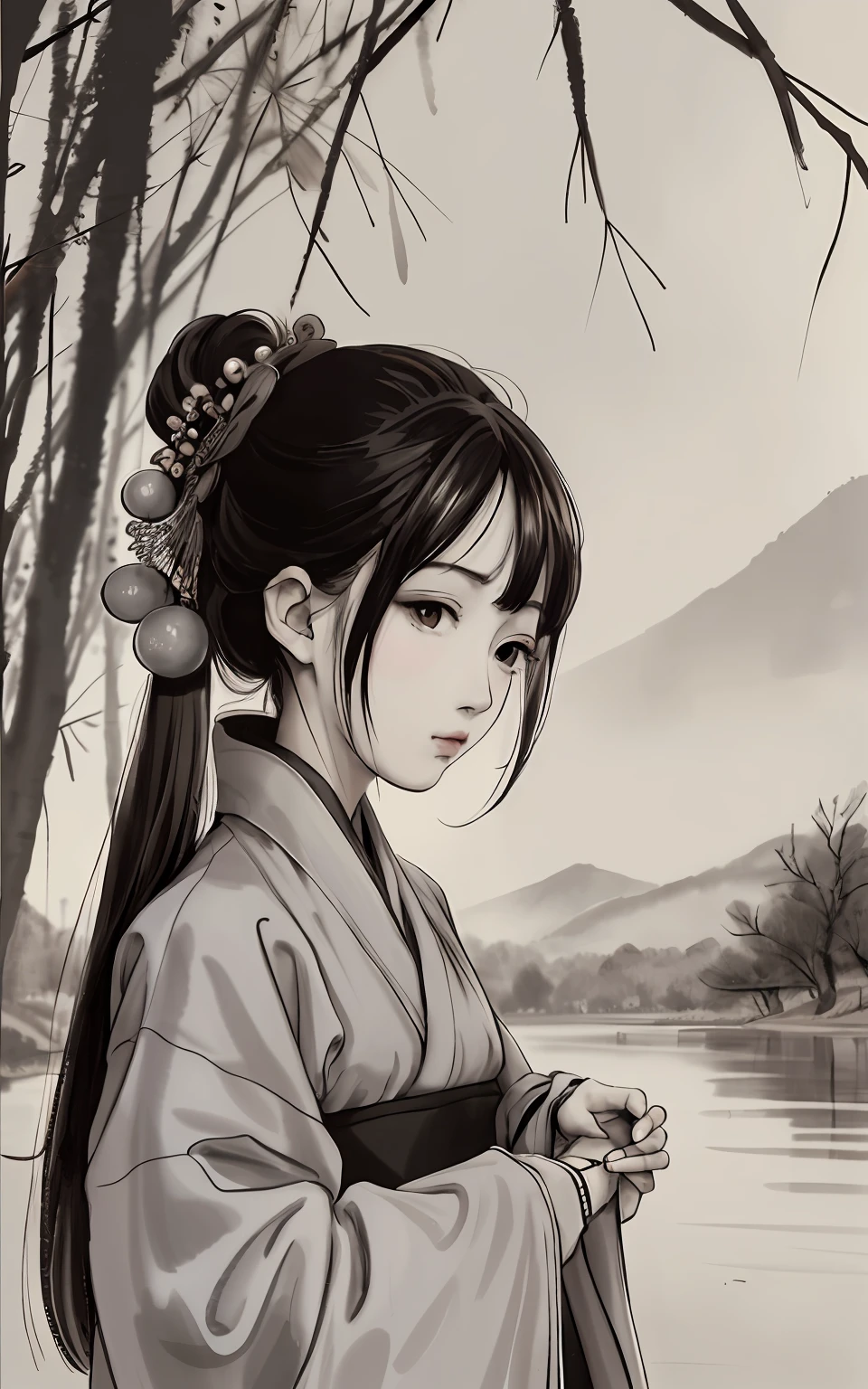 shukezouma, Negative space, , shuimobysim , Portrait of a woman standing , Willow branches, (Masterpiece, Best quality:1.2), Traditional Chinese Ink Painting, (Traditional Chinese painting), monochrome, ModelShoot style, Peaceful, (Smile), view the viewer, wearing long hanfu, Hanfu, Song, Willow tree in background, wuchangshuo, Distant mountains, Small lake, gazebo, Lonely boats,