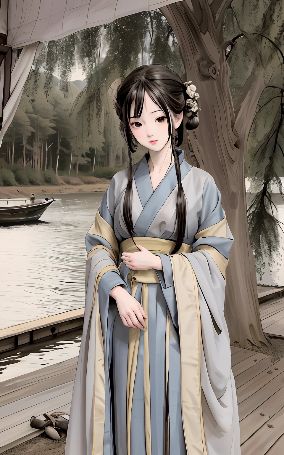 shukezouma, Negative space, , shuimobysim , Portrait of a woman standing , Willow branches, (Masterpiece, Best quality:1.2), Traditional Chinese Ink Painting, (Traditional Chinese painting), monochrome, ModelShoot style, Peaceful, (Smile), view the viewer, wearing long hanfu, Hanfu, Song, Willow tree in background, wuchangshuo, Distant mountains, Small lake, gazebo, Lonely boats,