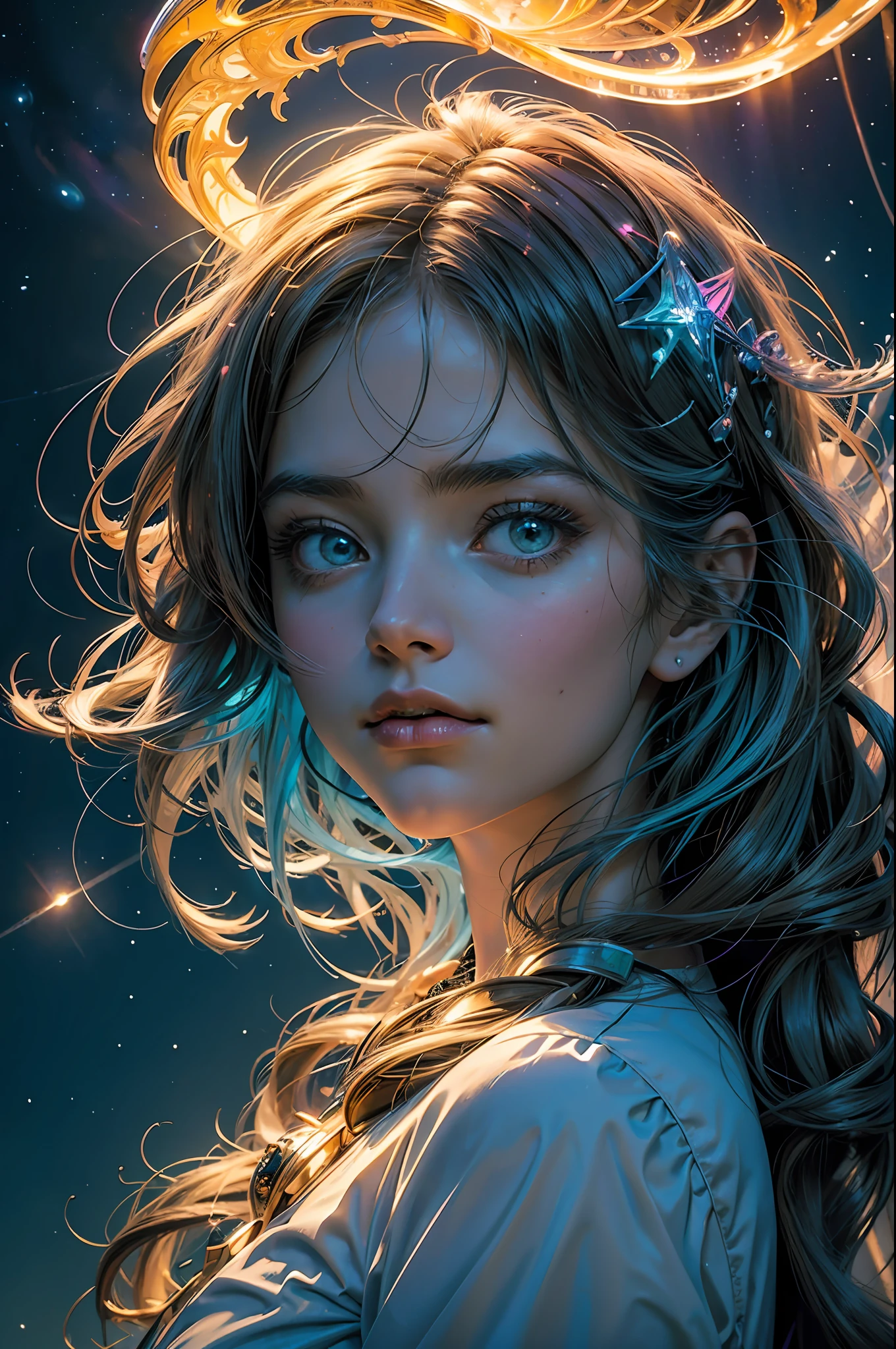 ((best quality)), ((masterpiece)), ((realistic)), portrait, 1girl, celestial, deity, goddess, light particles, halo, looking at viewer, (bioluminescent:0.95) flame, bioluminescence, phoenix, Vibrant, Colorful, Color, (Glow, Glow), (Beautiful Composition), Cinematic Lights, Intricate, (Symmetry: 0.5), Whimsical, Alien Planet