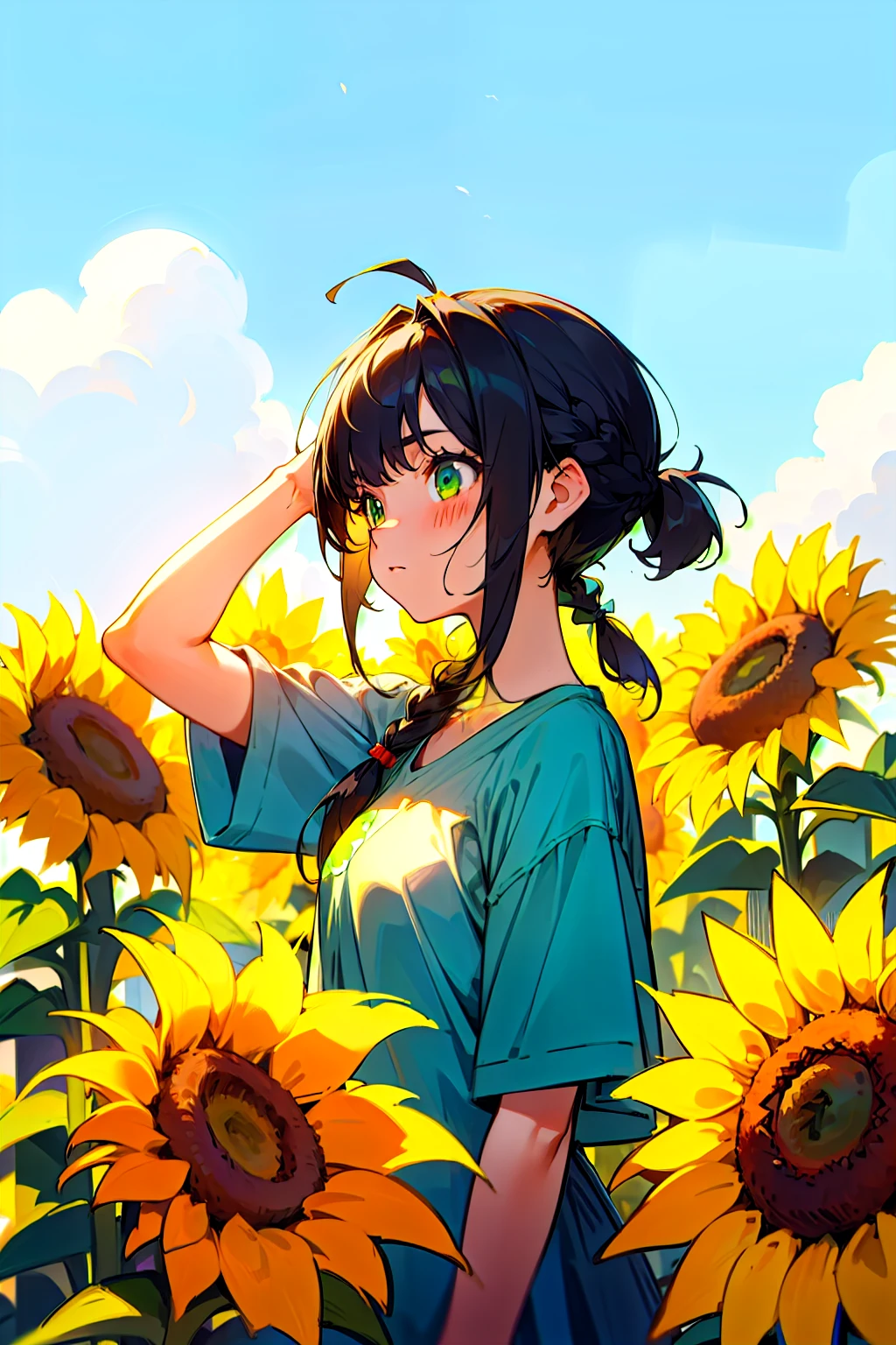 a girl, disheveled hair, black hair, pigtails hairstyle, braid, green eyes, short sleeve, summer, sunflower, blue sky