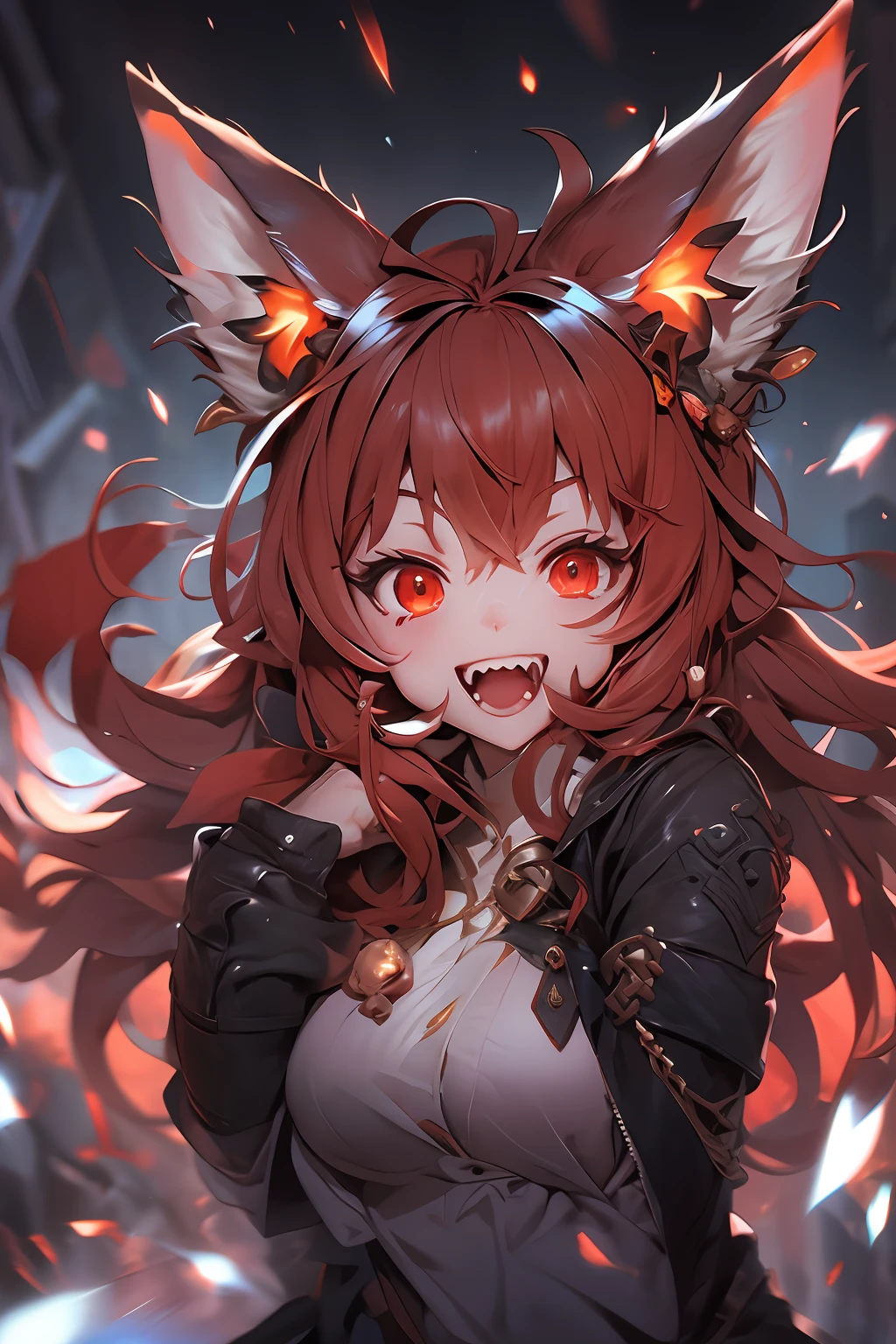 (masterpiece), (best quality), 1girl, perfect body, girl with fox ears, laugh, open mouth, fangs, red glowing eyes, cinematic