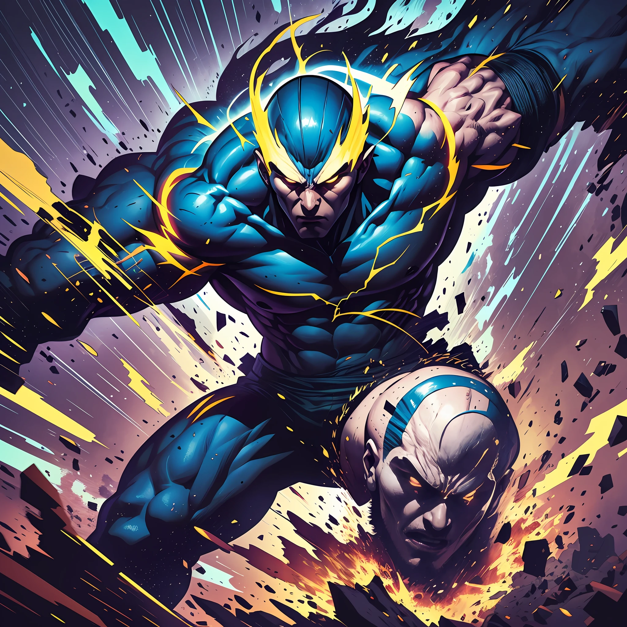 "A man wielding supreme power, toppling everything in his path, in a graphic art design. The man should embody raw power, determination, and control, making his strength palpable even through a static image. His action should be dynamic, perhaps caught mid-swing in a forceful motion that conveys the sheer force he possesses. The art should be created in a bold, graphic style, possibly using contrasting colors for impact. The size should be suitable for a poster design, about 24x36 inches, and have a high resolution of 300 DPI. The lighting should be dramatic, emphasizing the intensity of the scene." --auto --s2