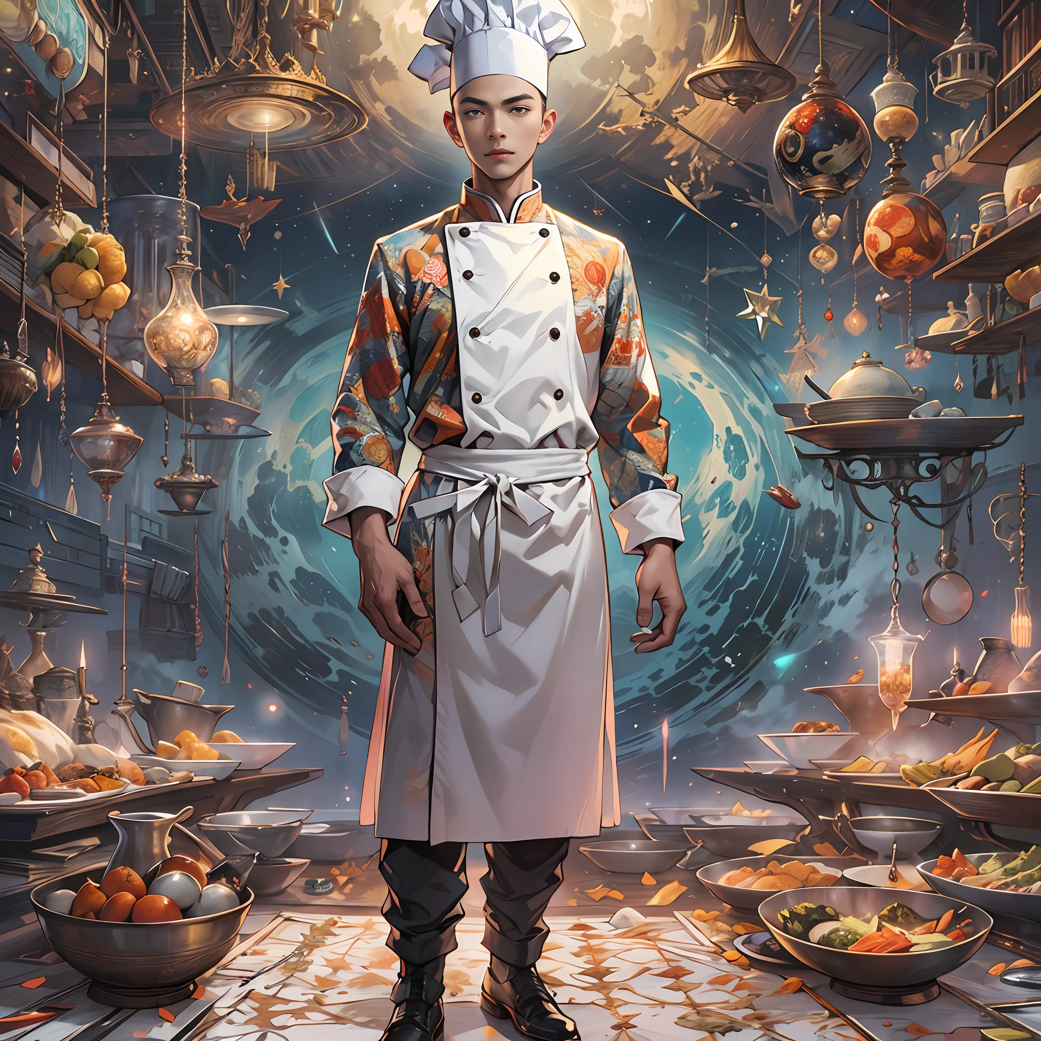 A tall and handsome young chef,Stand on the edge of the dream space, eyes glowing, Surreal scenes filled with symbols and patterns of various skills, ,in the style of the stars art group xing xing, 32K, Best quality, Masterpiece, Super detail, High details,