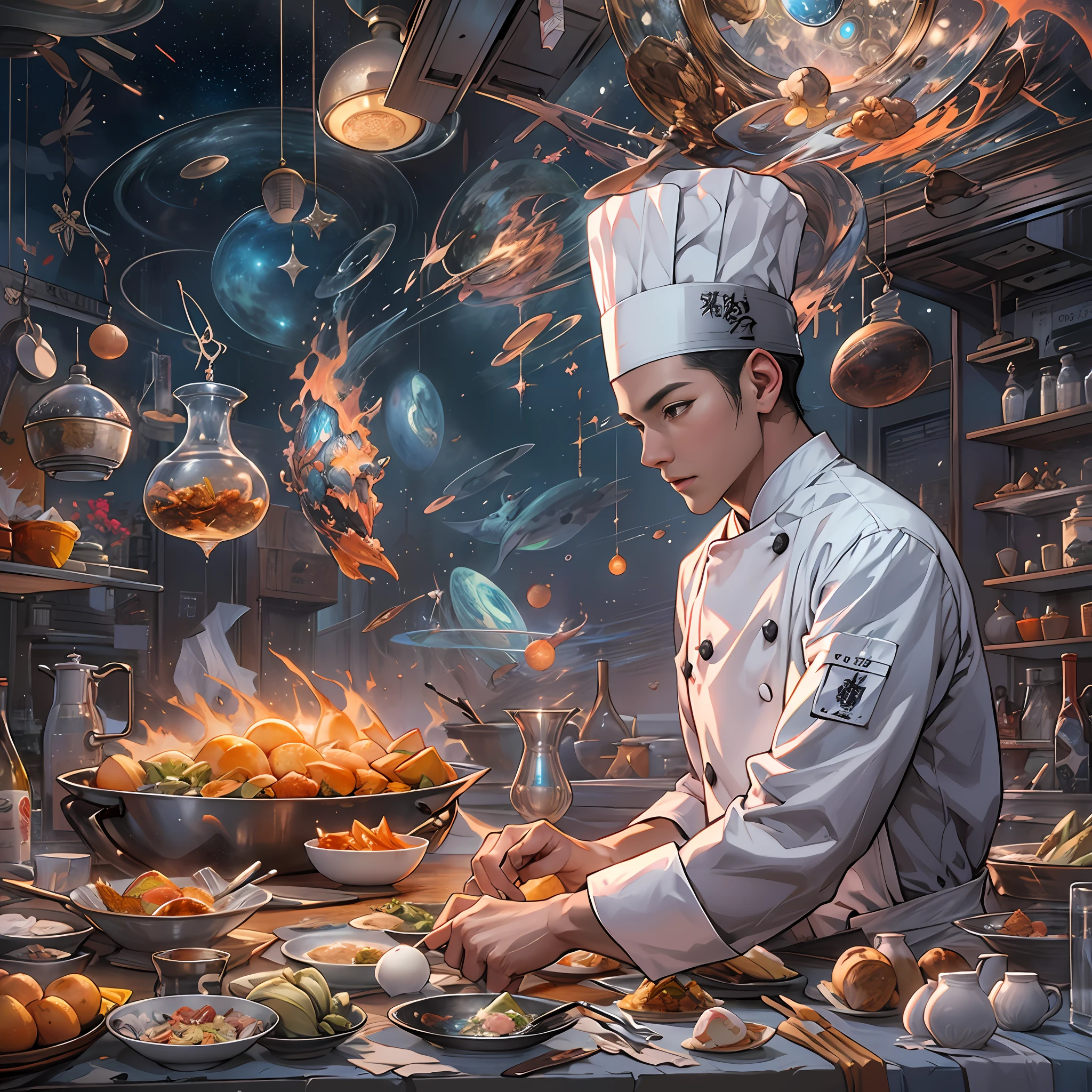 A tall and handsome young chef,Stand on the edge of the dream space, eyes glowing, Surreal scenes filled with symbols and patterns of various skills, ,in the style of the stars art group xing xing, 32K, Best quality, Masterpiece, Super detail, High details,