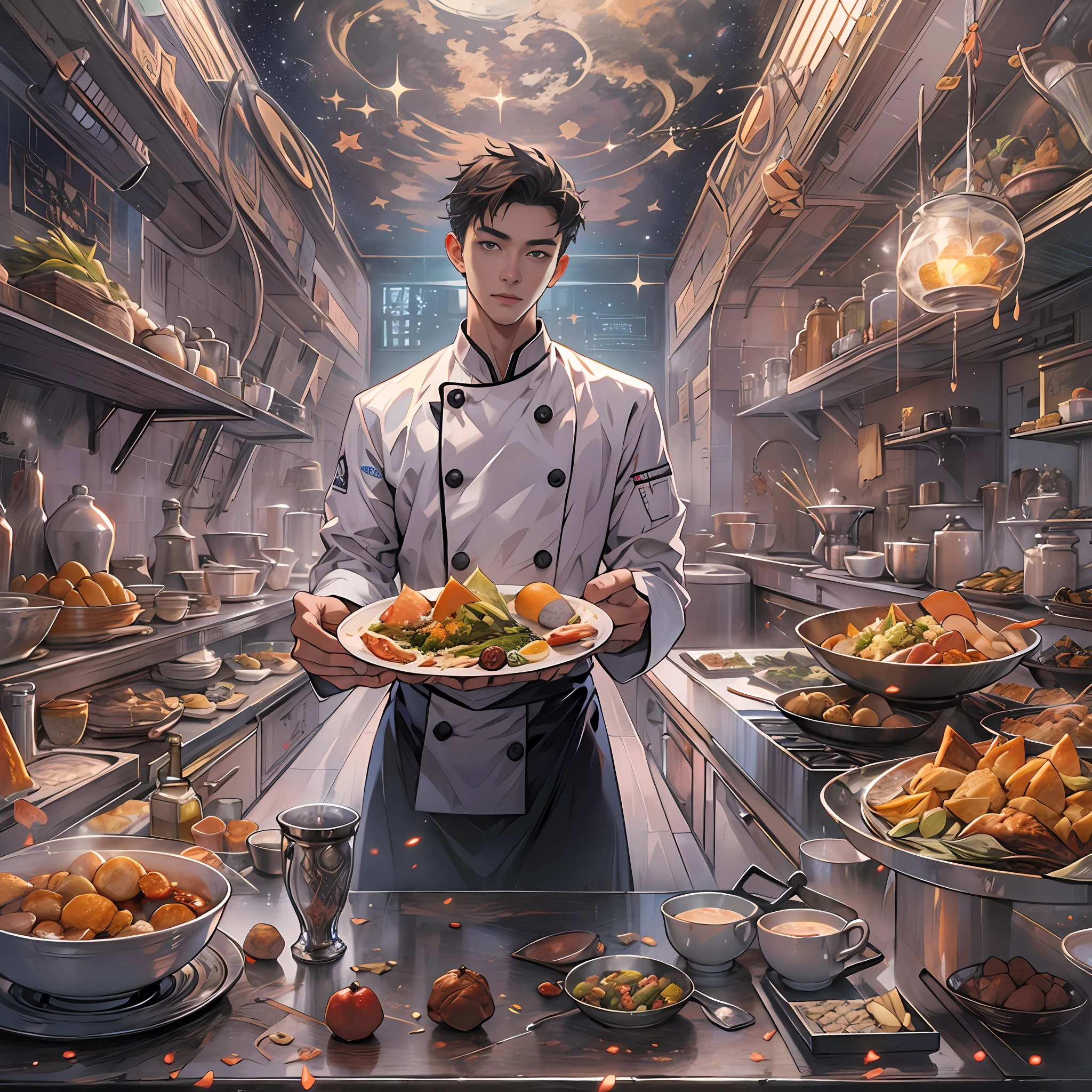 A tall and handsome young chef,Stand on the edge of the dream space, eyes glowing, Surreal scenes filled with symbols and patterns of various skills, ,in the style of the stars art group xing xing, 32K, Best quality, Masterpiece, Super detail, High details,
